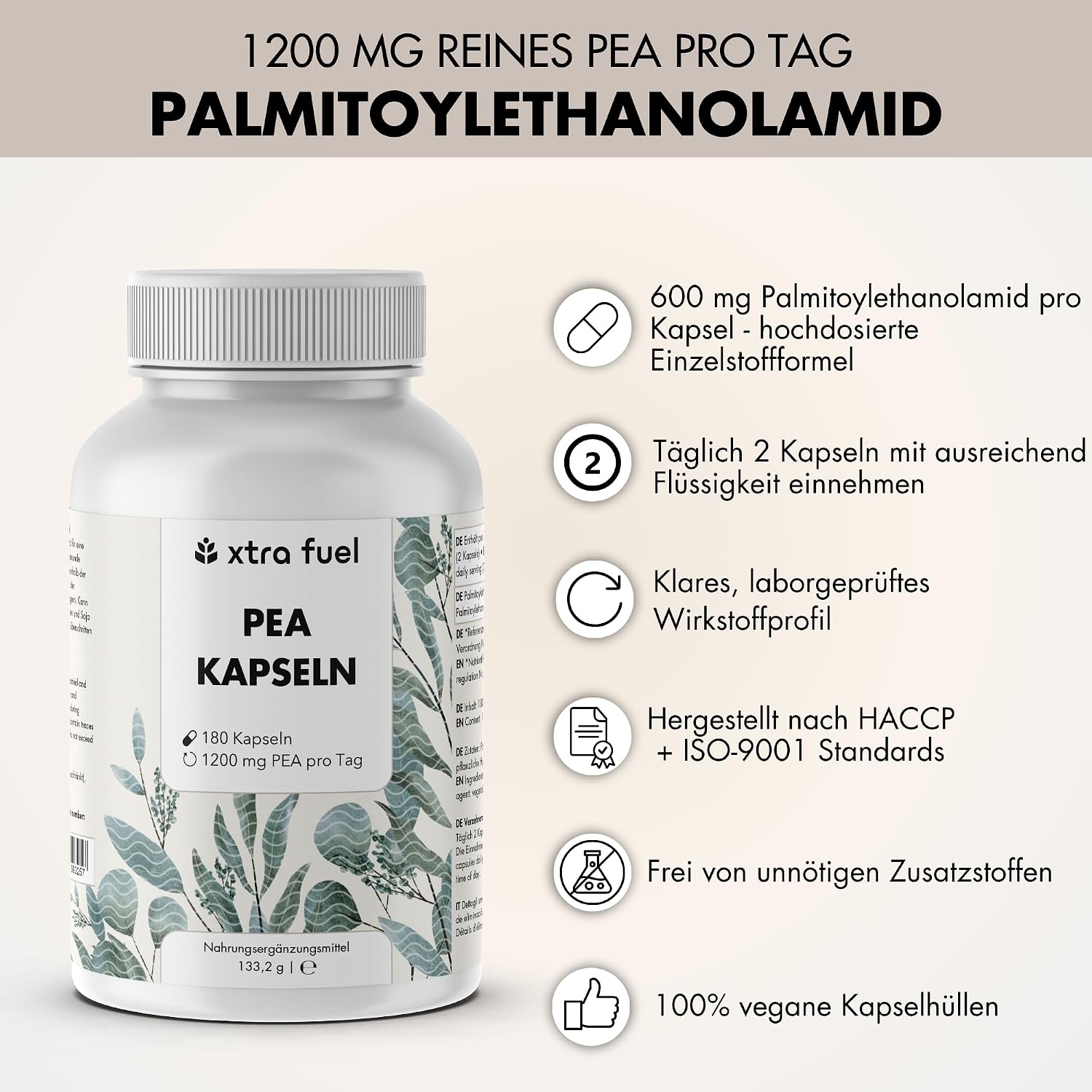 Detalle 2 de PEA Kapseln – 180 Kapseln hochdosiert, mikronisiertes Palmitoylethanolamid (1200 mg/Tag) – vegan