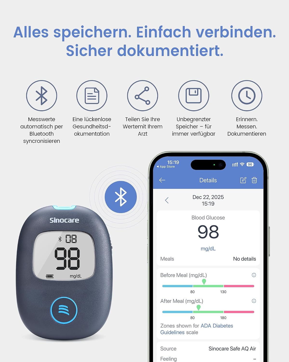 Detalle de Sinocare Blutzuckermessgerät Bluetooth mit App – Klinische Präzision, Nachprobenahme in 5 Sekunden