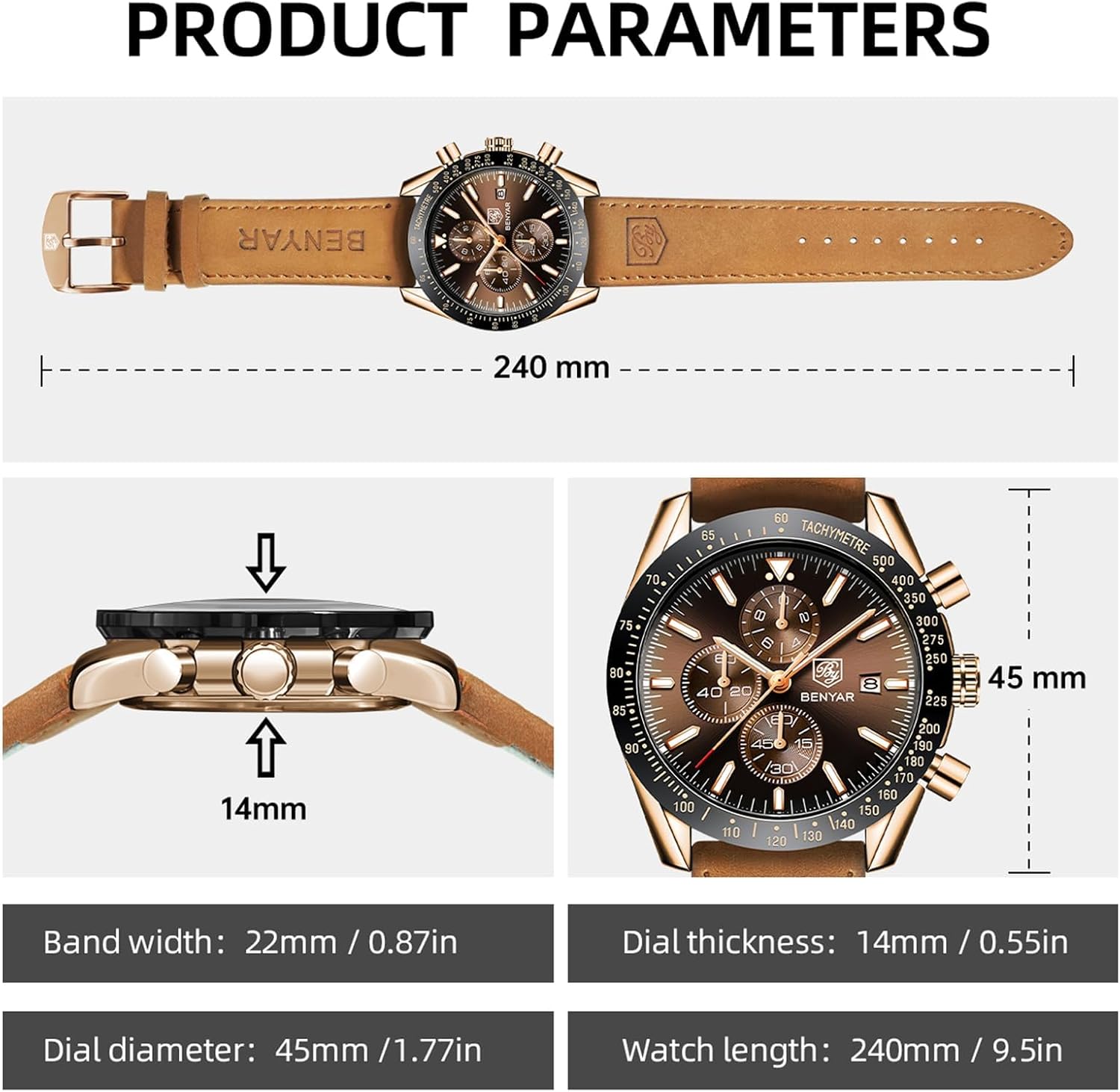 Thumbnail 5 de BY BENYAR Herrenuhr 45 mm Chronograph Braun Leder