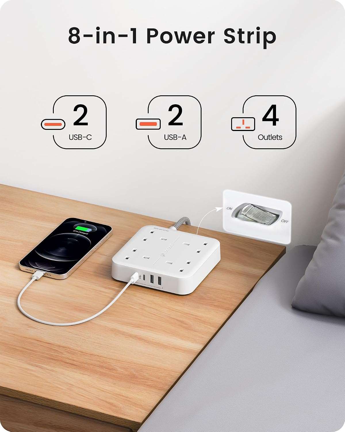 Detalle 2 de LENCENT 4-Way Power Strip 3250W with USB