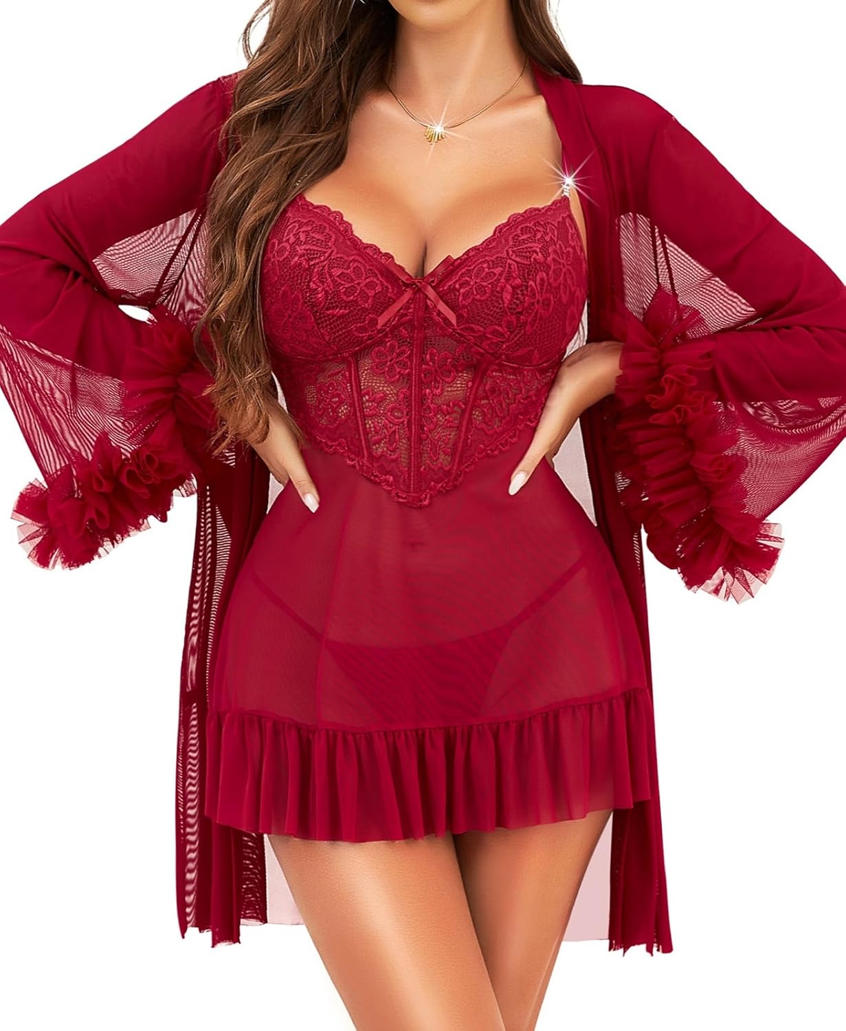 Detalle de RSLOVE 2-delige kanten lingerieset met babydoll en badjas