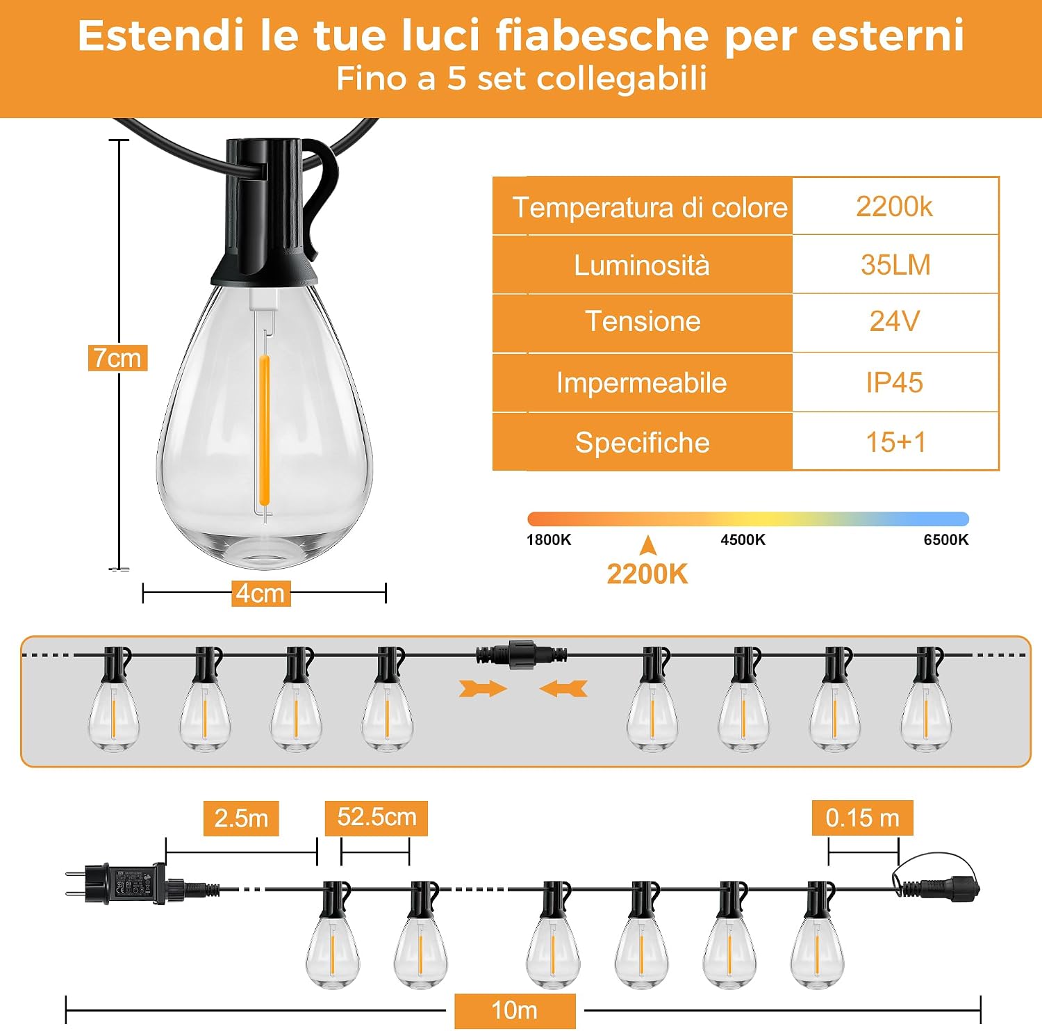 Thumbnail 6 de HeiPard 10M Catena Luminosa Esterno con Telecomando RF – 15+1 LED S11 infrangibili, IP45, 24V