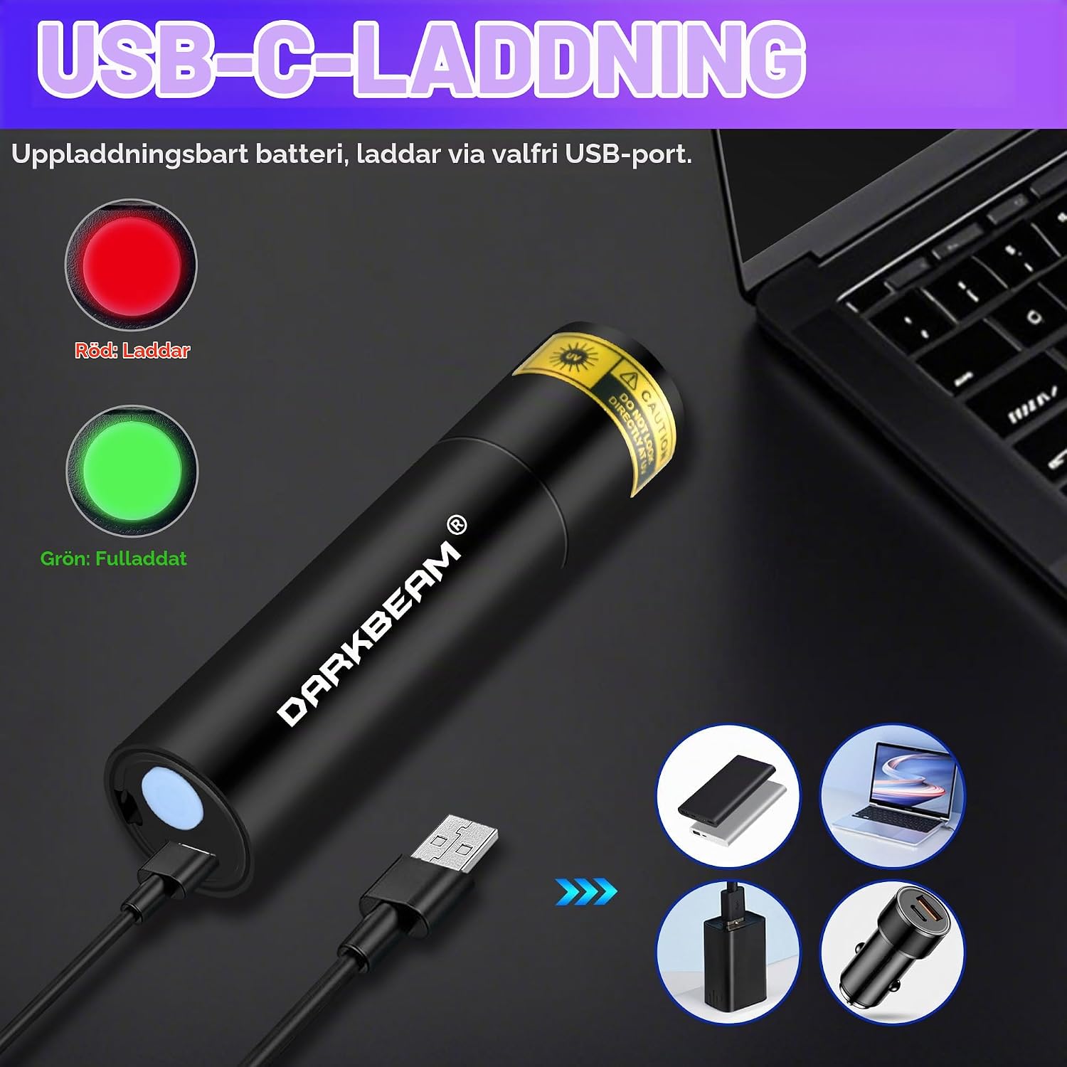 Thumbnail 4 de DARKBEAM DKL-V4 UV-ficklampa, 365 nm filtrerat UV-ljus, uppladdningsbar mini