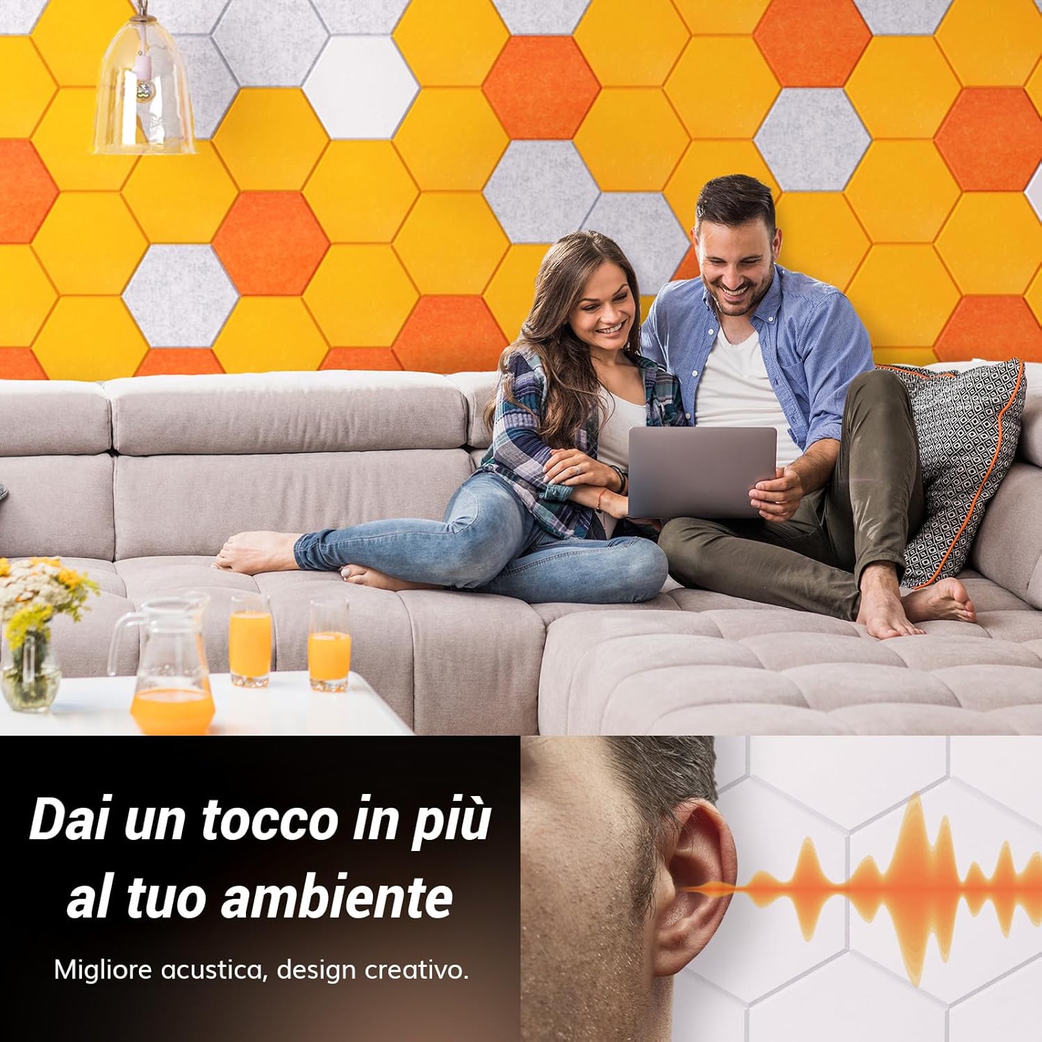 Detalle de TONOR Set di 12 Pannelli Acustici Murali Autoadesivi 30x26x1 cm – Pannello 3D Esagonale ad Alta Densità