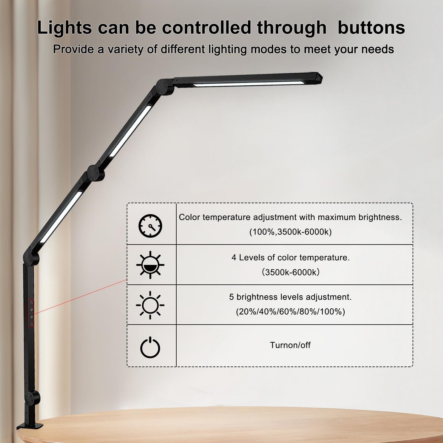 Detalle de vimeepro LED Desk Lamp with Clamp, Flexible Arm and 4 Colour Modes