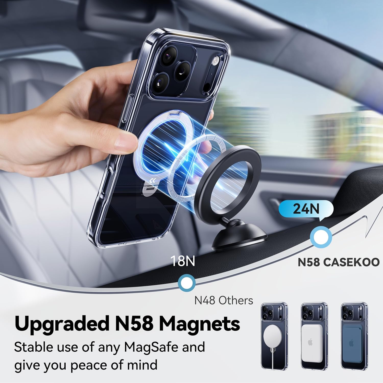 Detalle 2 de CASEKOO Clear for iPhone 17 Pro Case with 360 Spin Magnetic Stand — Clear, Military-Grade Protection