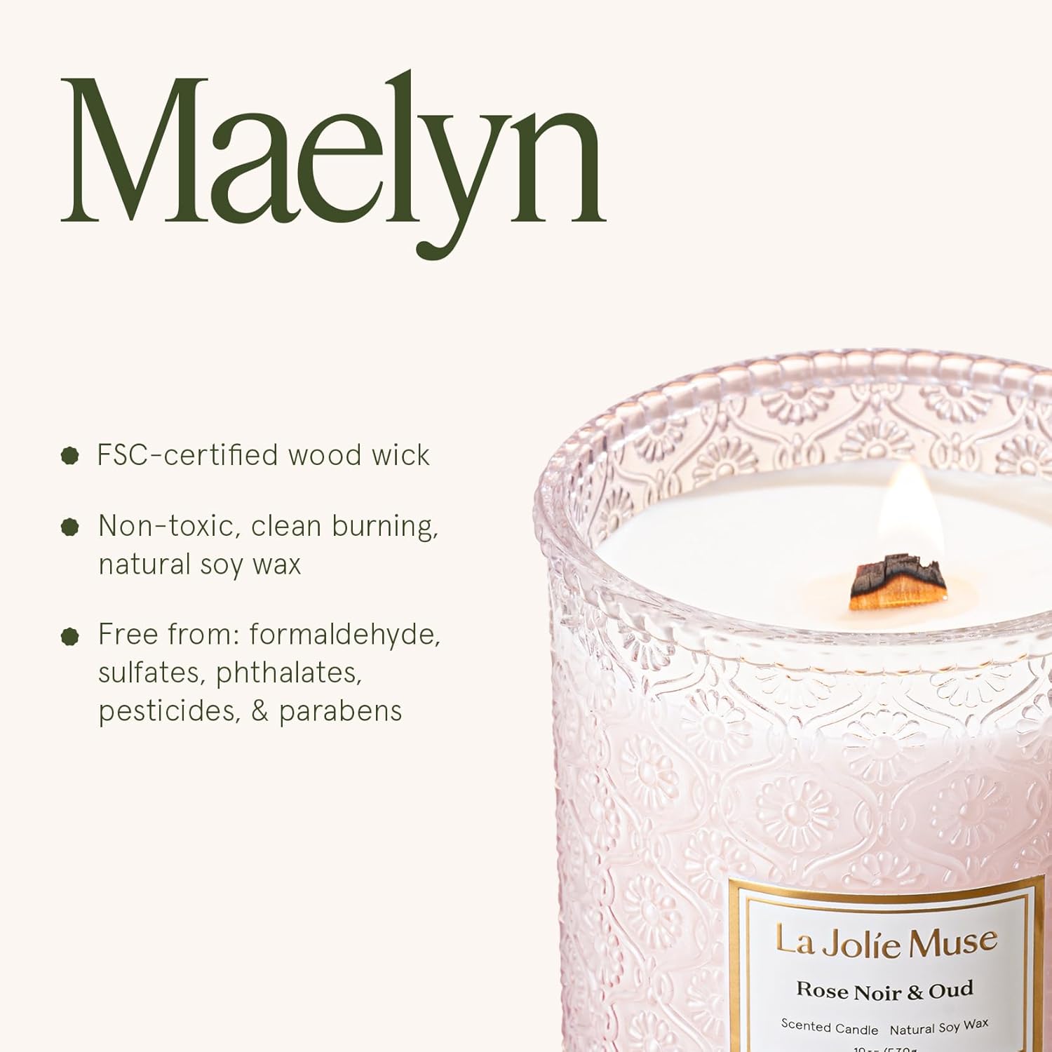 Thumbnail 5 de LA JOLIE MUSE Rose Noir & Oud Scented Candle – 19 oz Large Wooden Wick, Soy Wax, 90 Hours
