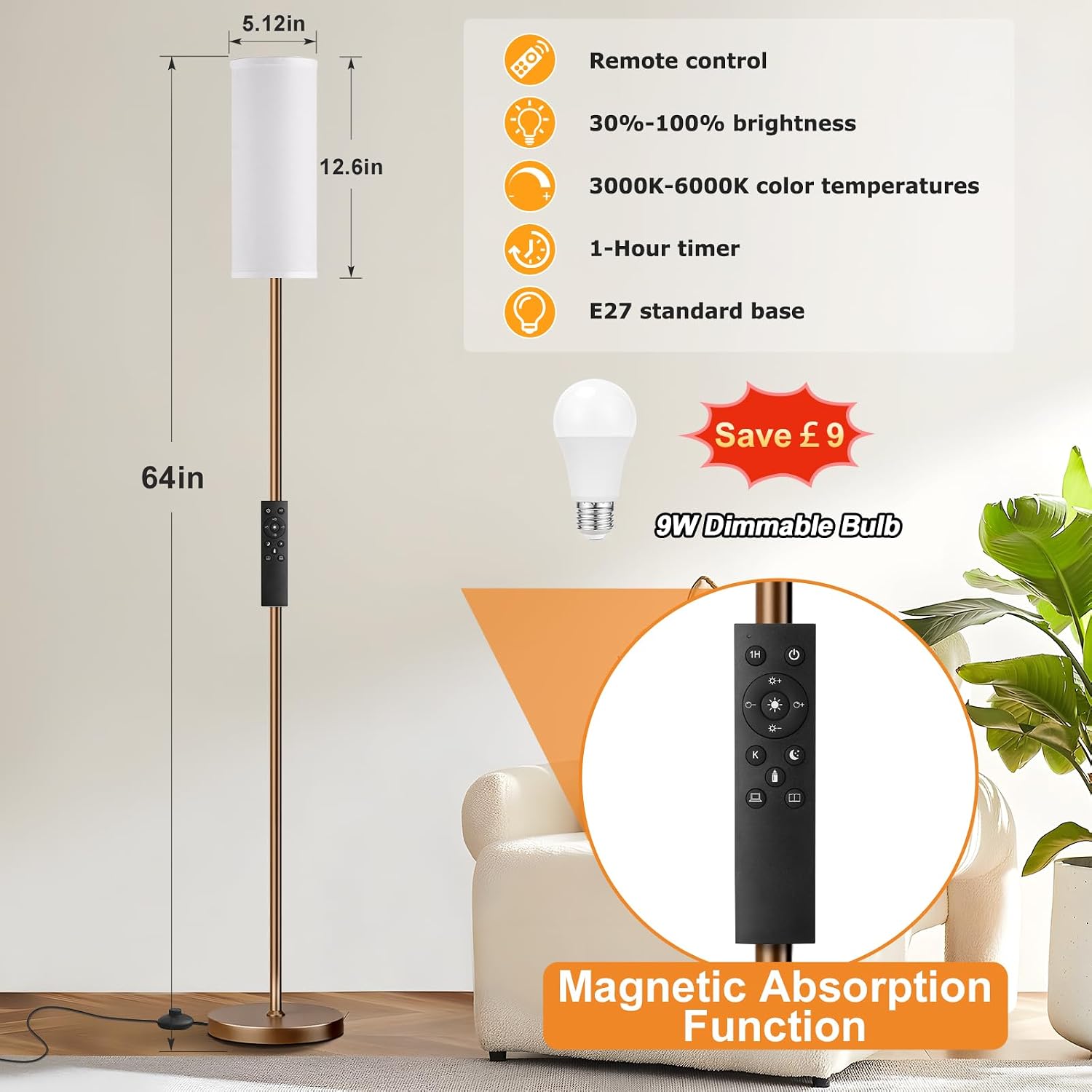 Thumbnail 2 de Aooshine 64in Floor Lamp with Brown Pole