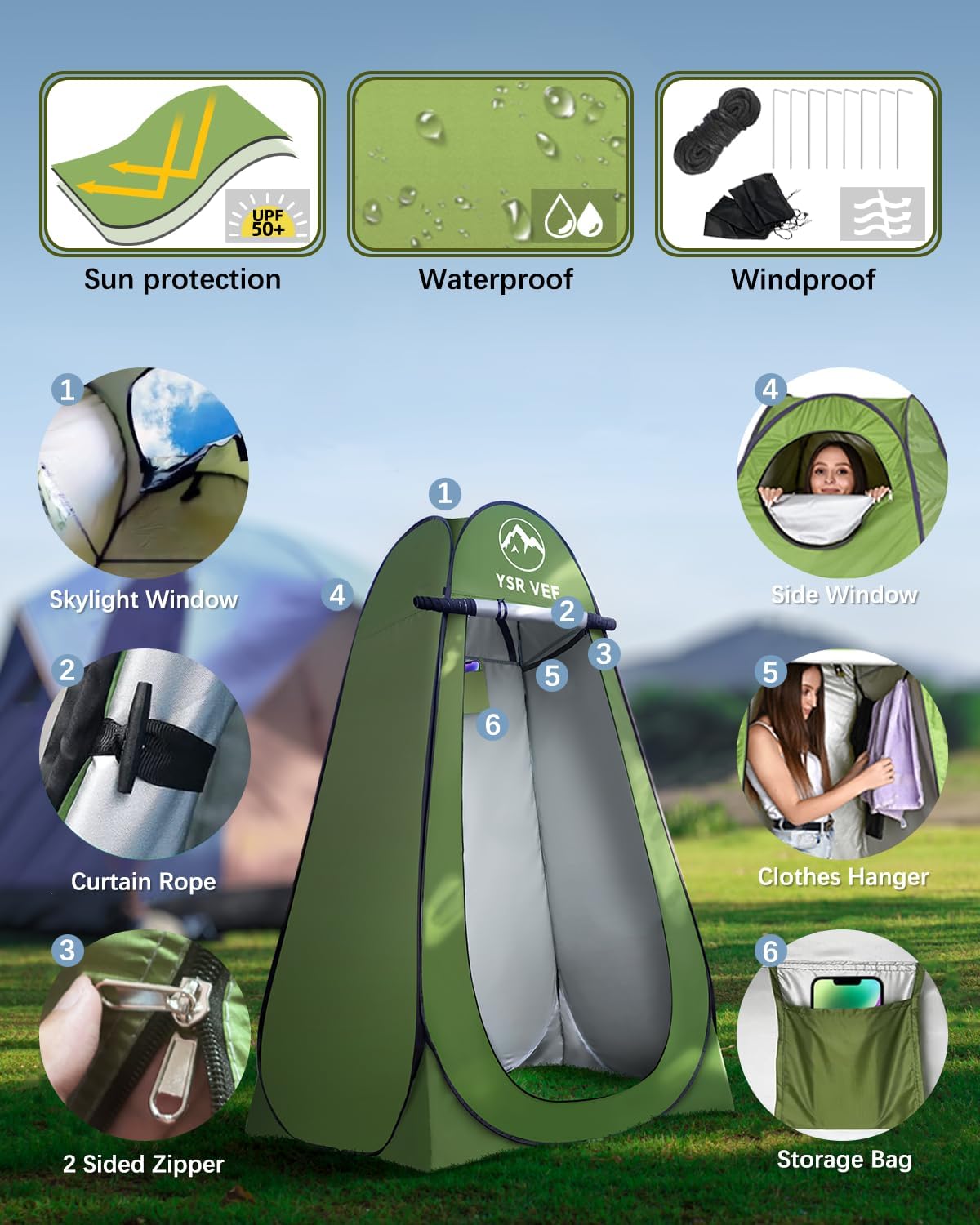 Detalle de YSR VEF Portable Camping Toilet Kit with Pop-Up Privacy Tent and Waste Gel