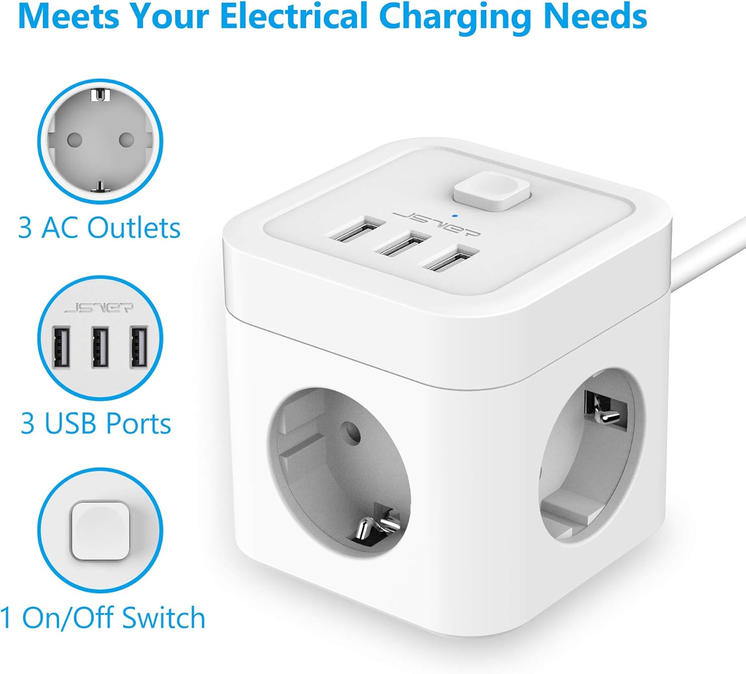 Thumbnail 1 de JSVER Steckdosenleiste 3-fach mit USB (Würfel Mehrfachsteckdose, 3680 W/16 A, 1,5 m Kabel) – 3 USB-Lader bis 15,5 W