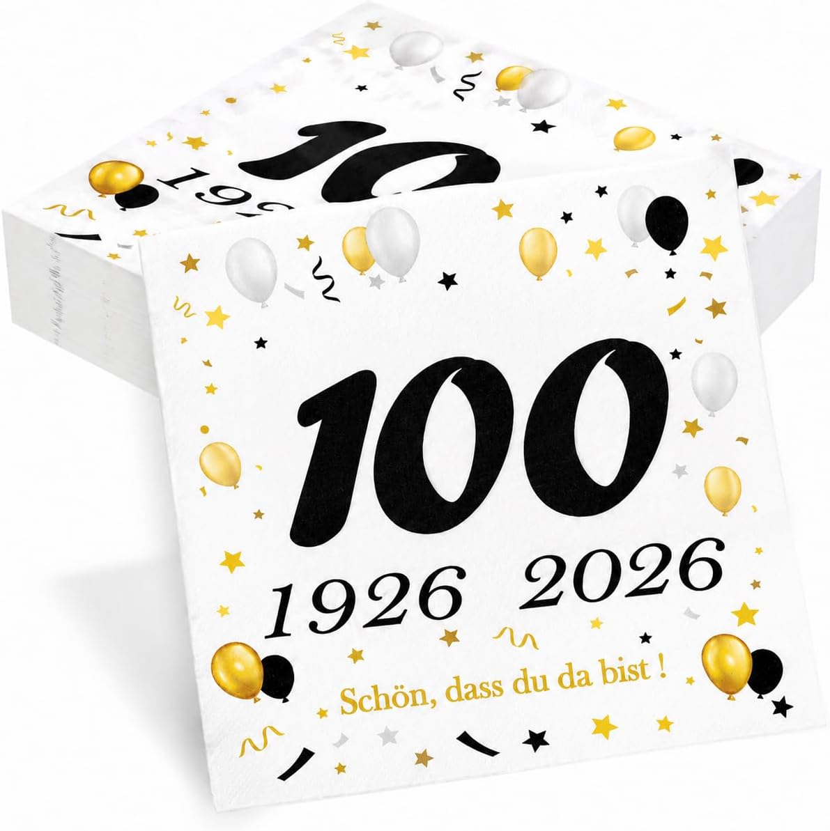 Detalle de 50 Stück Servietten zum 40. Geburtstag in Schwarz-Gold (1986–2026) mit „Schön dass du da bist“