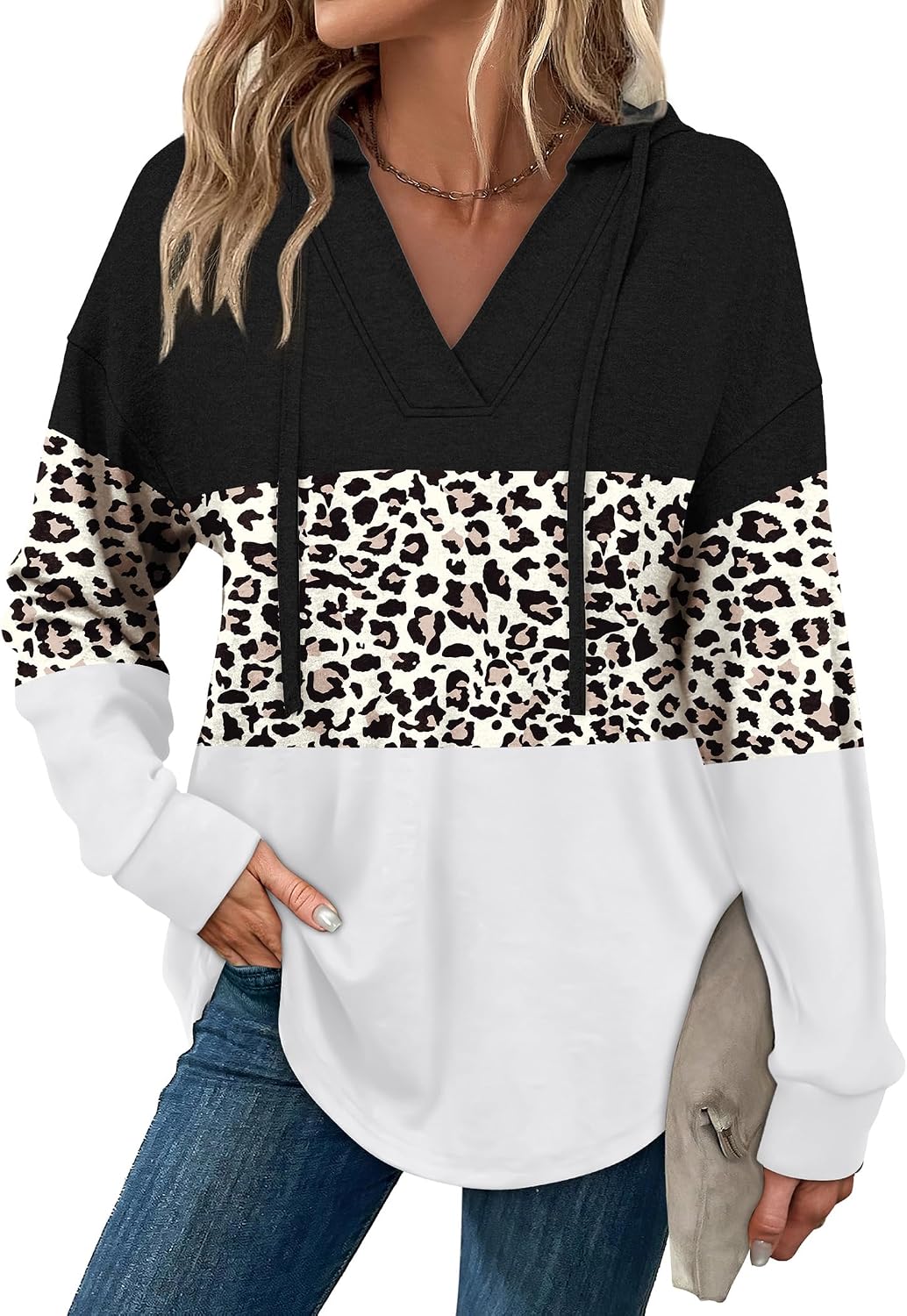Detalle de Sampeel Women's V-Neck Oversized Hoodie, Long Sleeves, Longer Back Hem
