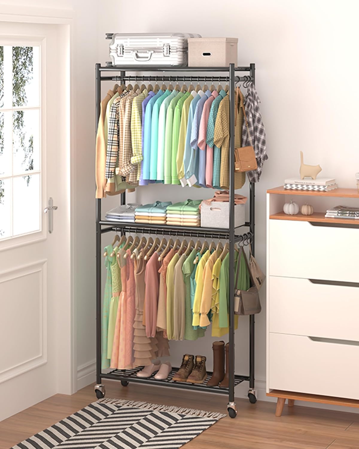 Detalle 2 de Sakugi Clothes Rack with Shelves & Wheels (Black) 33.0" x 12.2" x 79.5