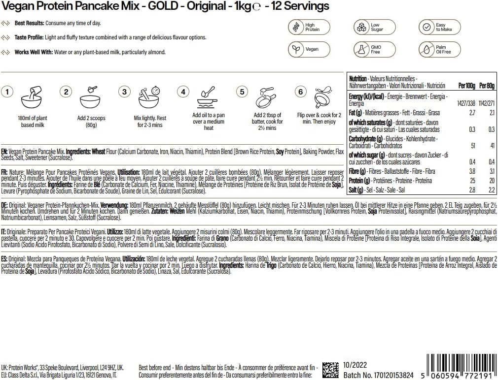 Detalle de Protein Works Preparato per Pancake Vegani 1kg – Alto contenuto proteico, 100% vegetale