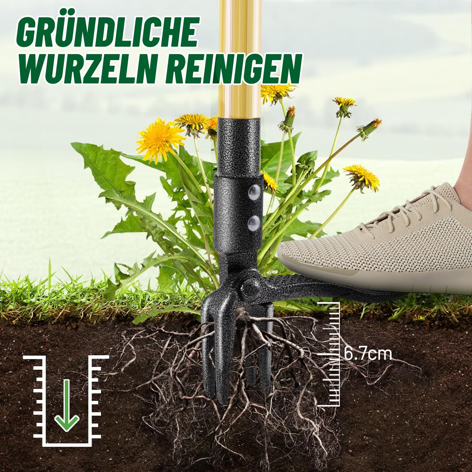 Detalle de Ormalla Unkrautstecher mit 1,1 m Stiel – Löwenzahn-Entferner mit Bambusgriff und 4 Metallkrallen