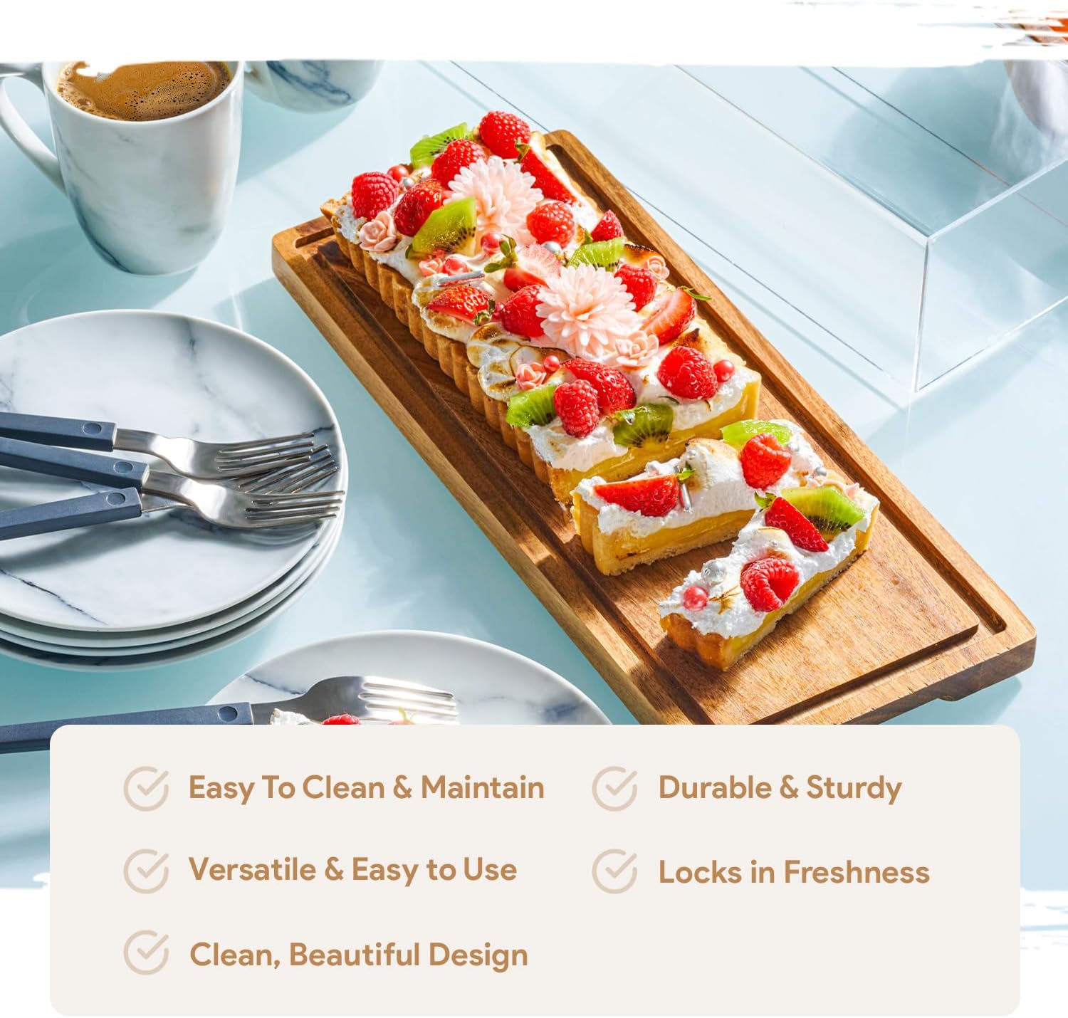 Thumbnail 5 de HOMESPHERE Cake Display with Lid (Acacia Wood Dessert Stand) with Acrylic Cover, Large Rectangle Tray Platter