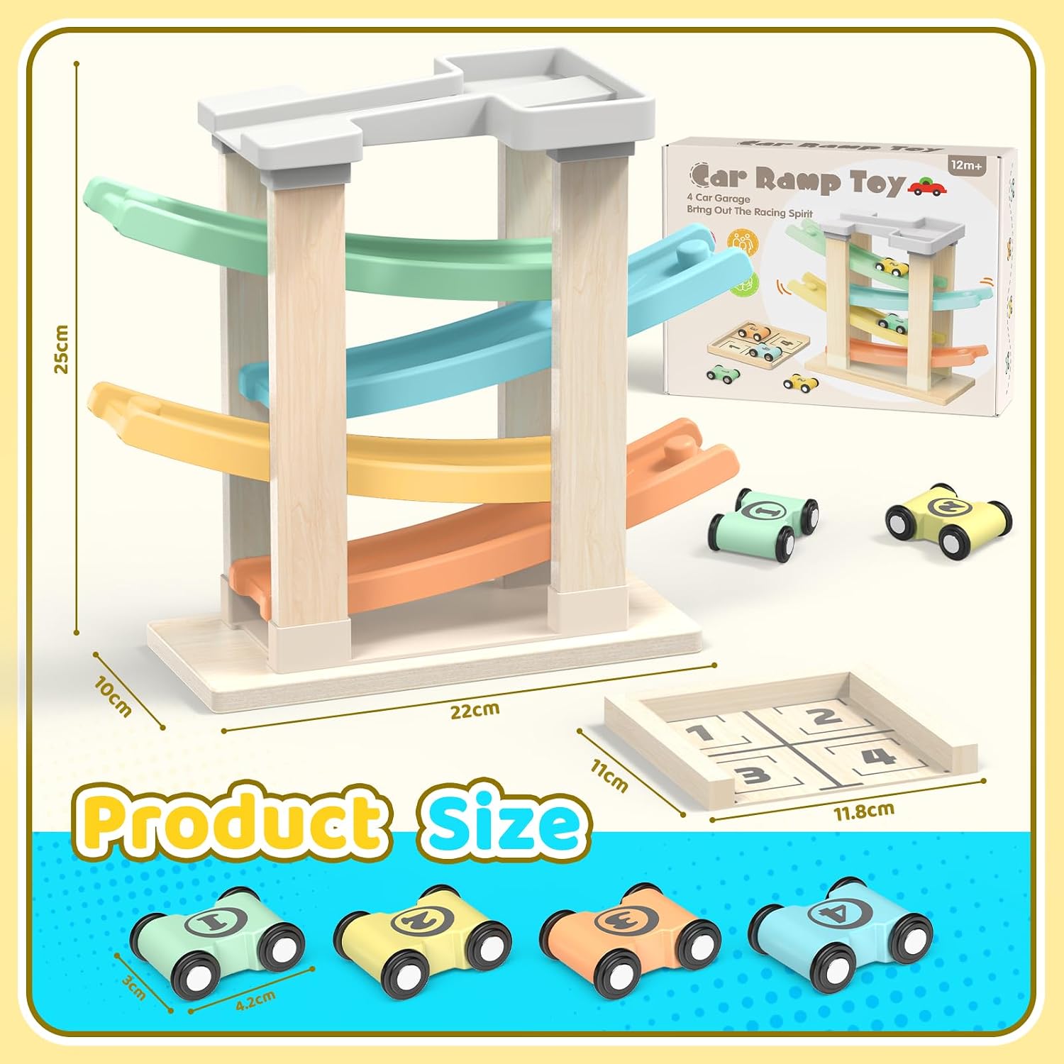 Detalle de Toyzey Wooden Toys Cars Ramp – Montessori-inspired Car Ramp Set for 1–3 Year Olds