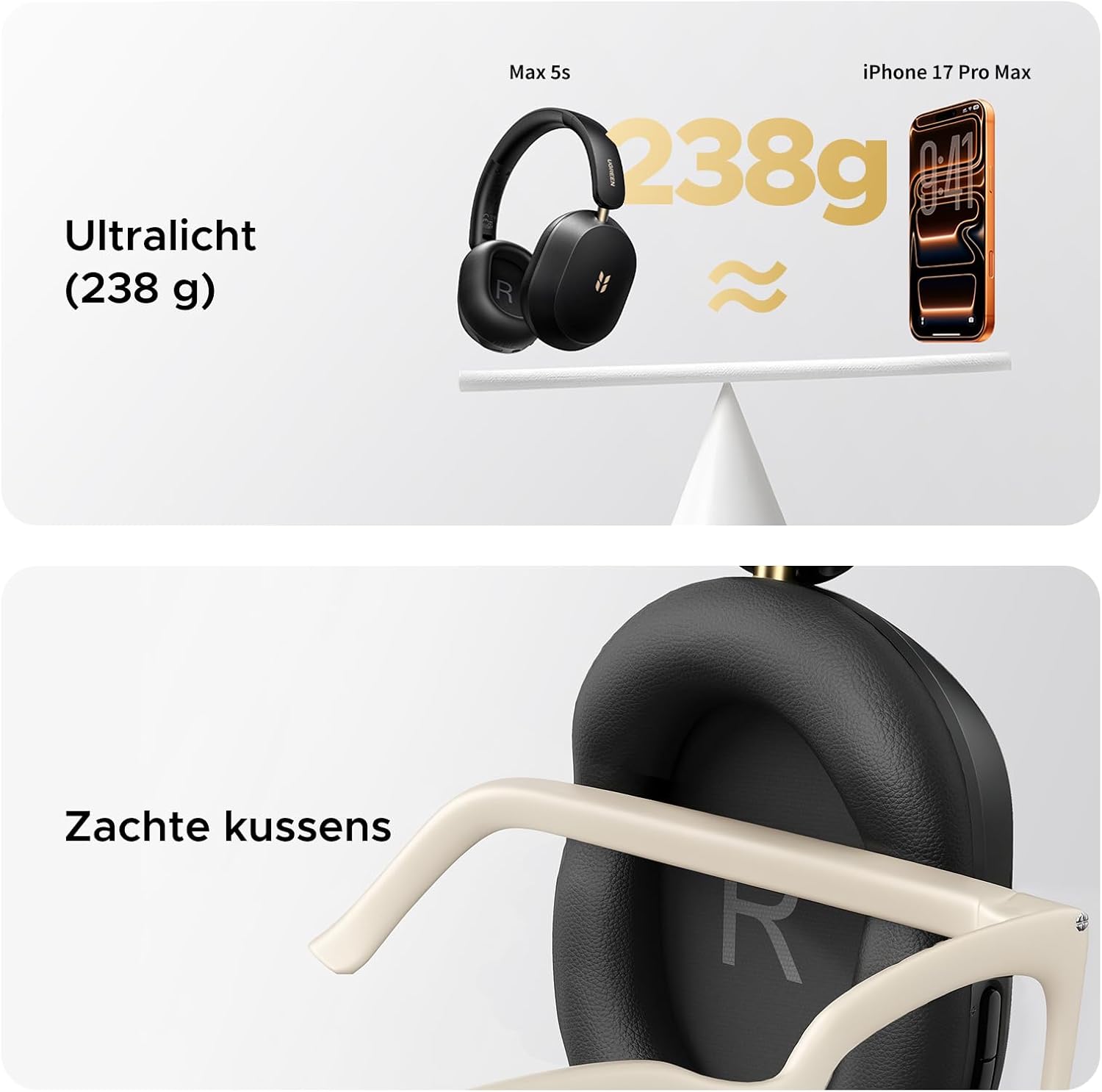 Detalle 1 de UGREEN HiTune Max5c over-earkoptelefoon met hybride ANC, LDAC en 112 uur accuduur