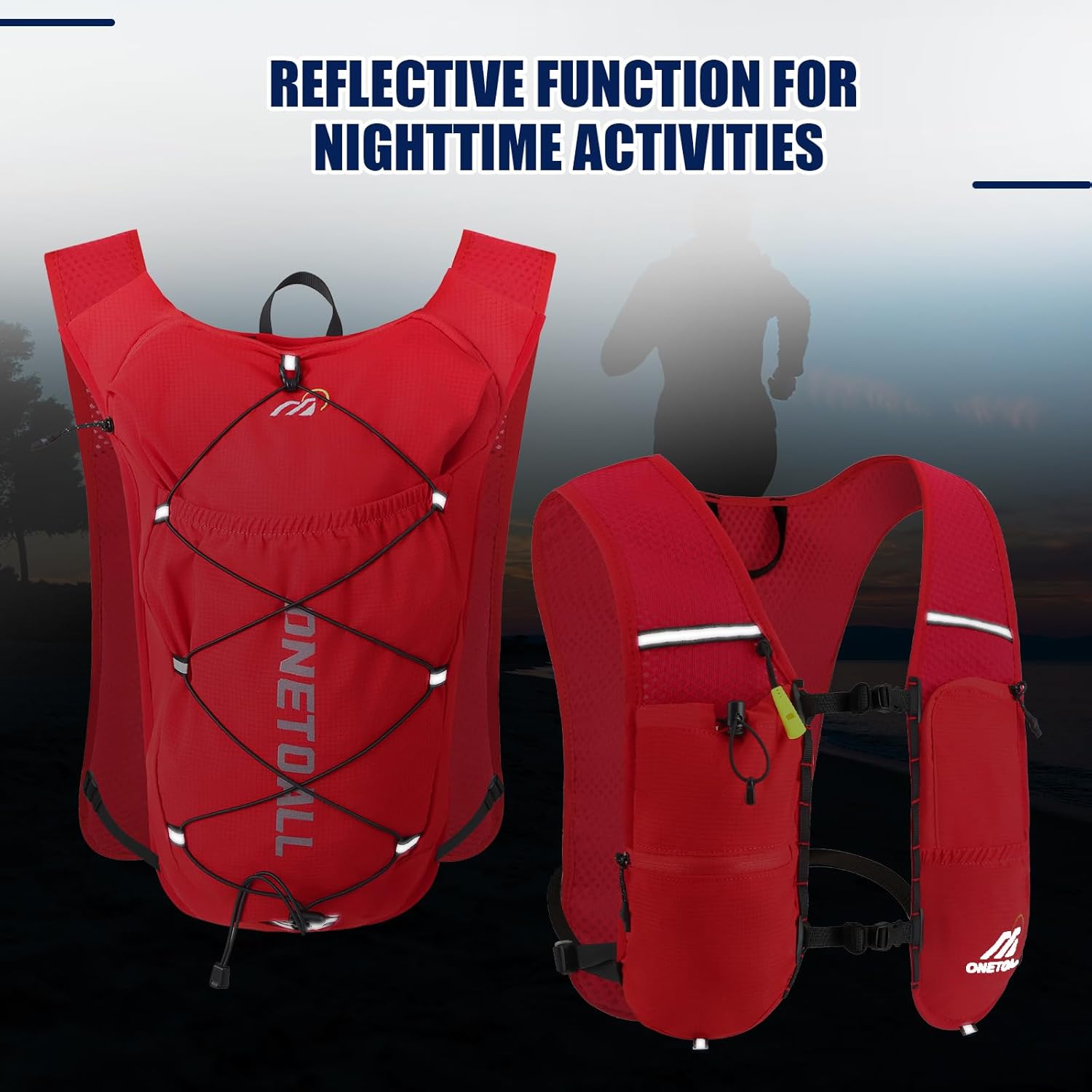 Thumbnail 6 de ONETOALL Running Vest Hydration Backpack (6L) with 500ml bottle & 2L bladder, reflective trail vest