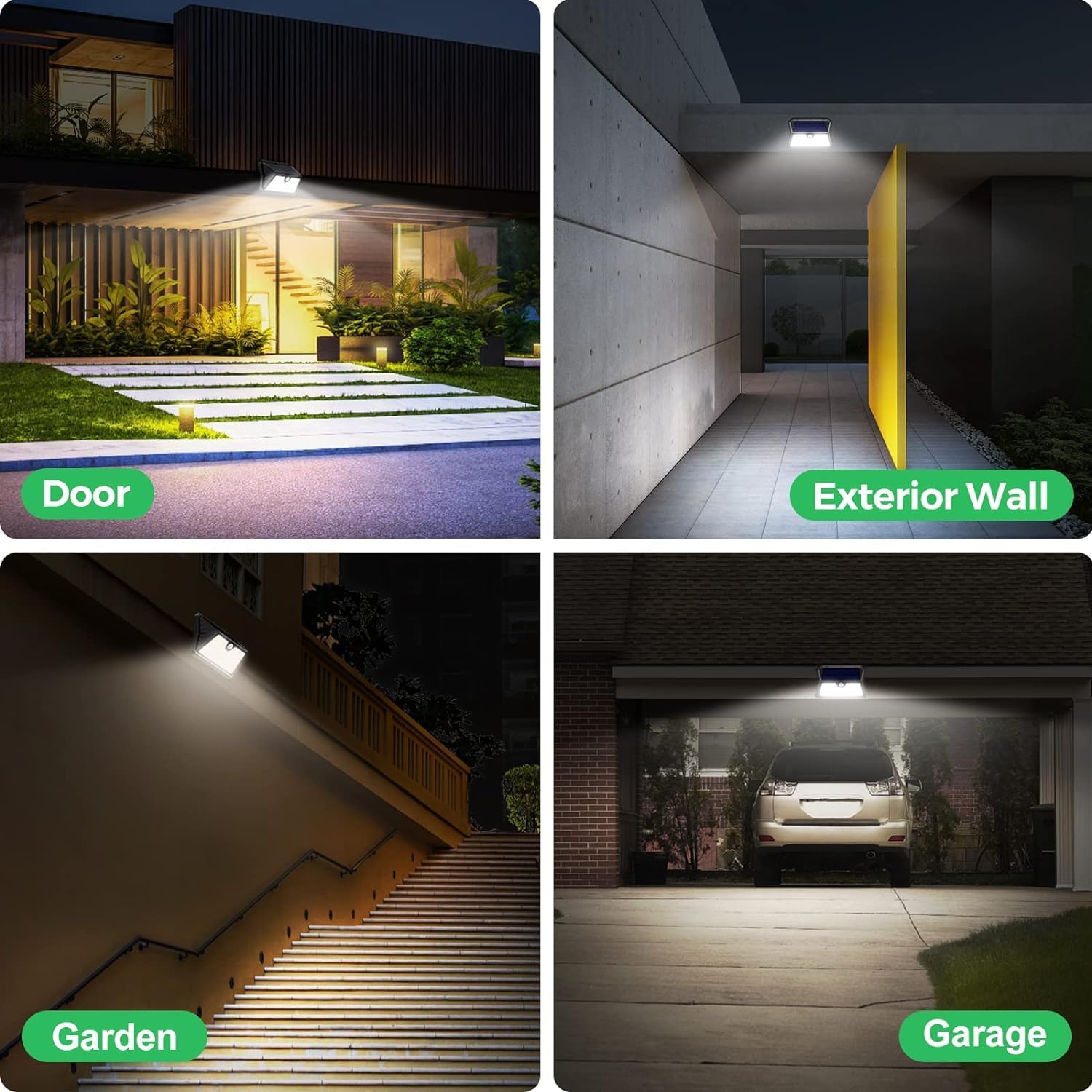 Detalle 2 de OUILA Solarlampen für Außen mit Bewegungsmelder (4er-Set) – 185 LED, 3 Modi, IP65