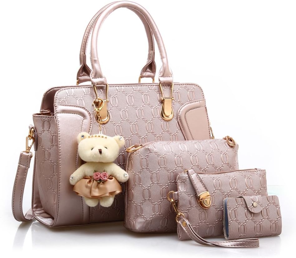 Detalle de MORGLOVE 4-Piece Gold PU Leather Handbag Set (Top Handle, Shoulder & Card Purse)