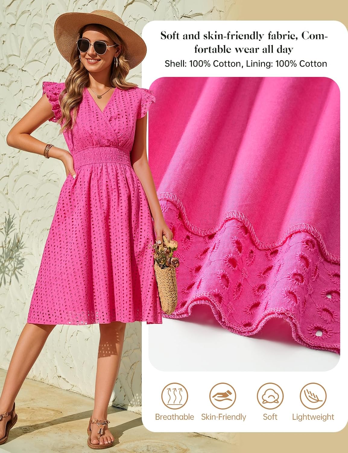 Detalle de PASUDA Sommerkleid Damen Baumwolle – V-Ausschnitt, Rüschenärmel, Wickelbund mit Taschen