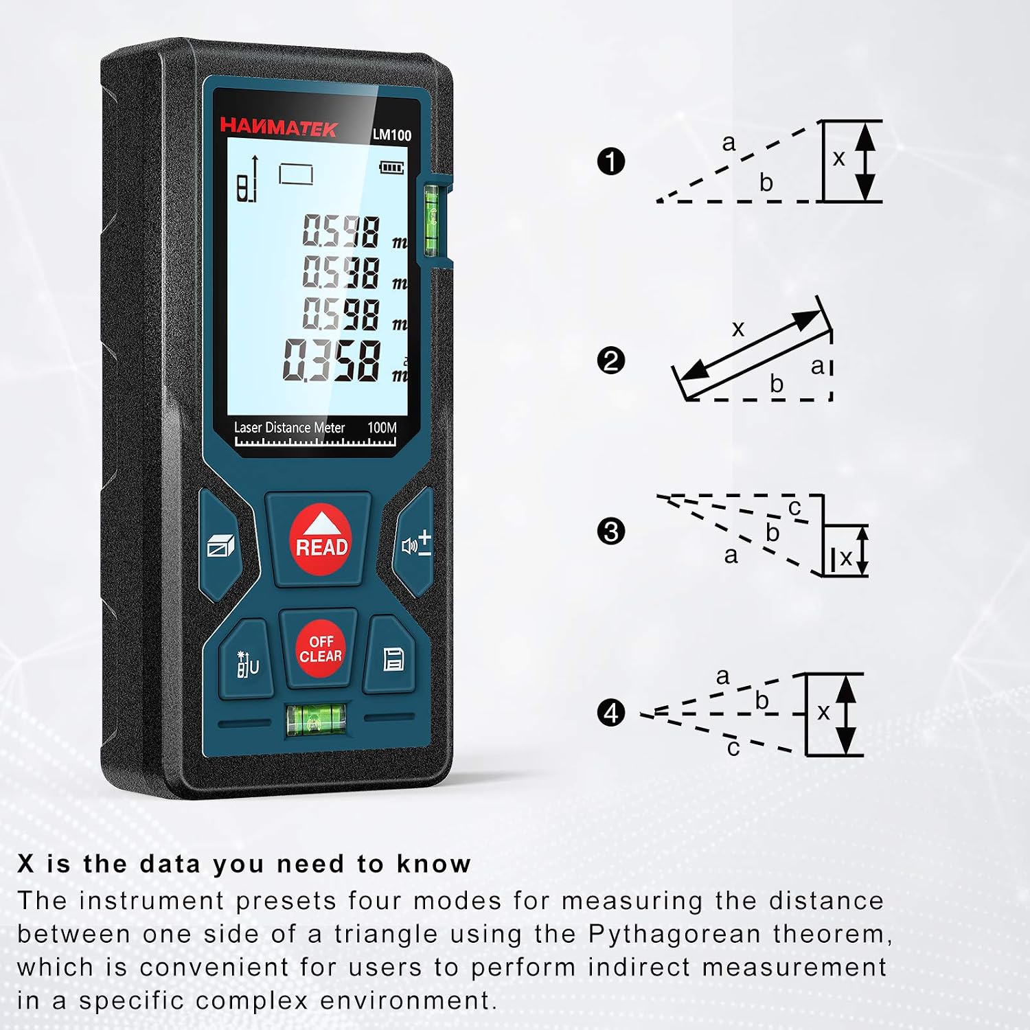 Thumbnail 5 de HANMATEK LM100 Laser Distance Meter: 100m Range, 2 Bubble Levels & Pythagorean Mode