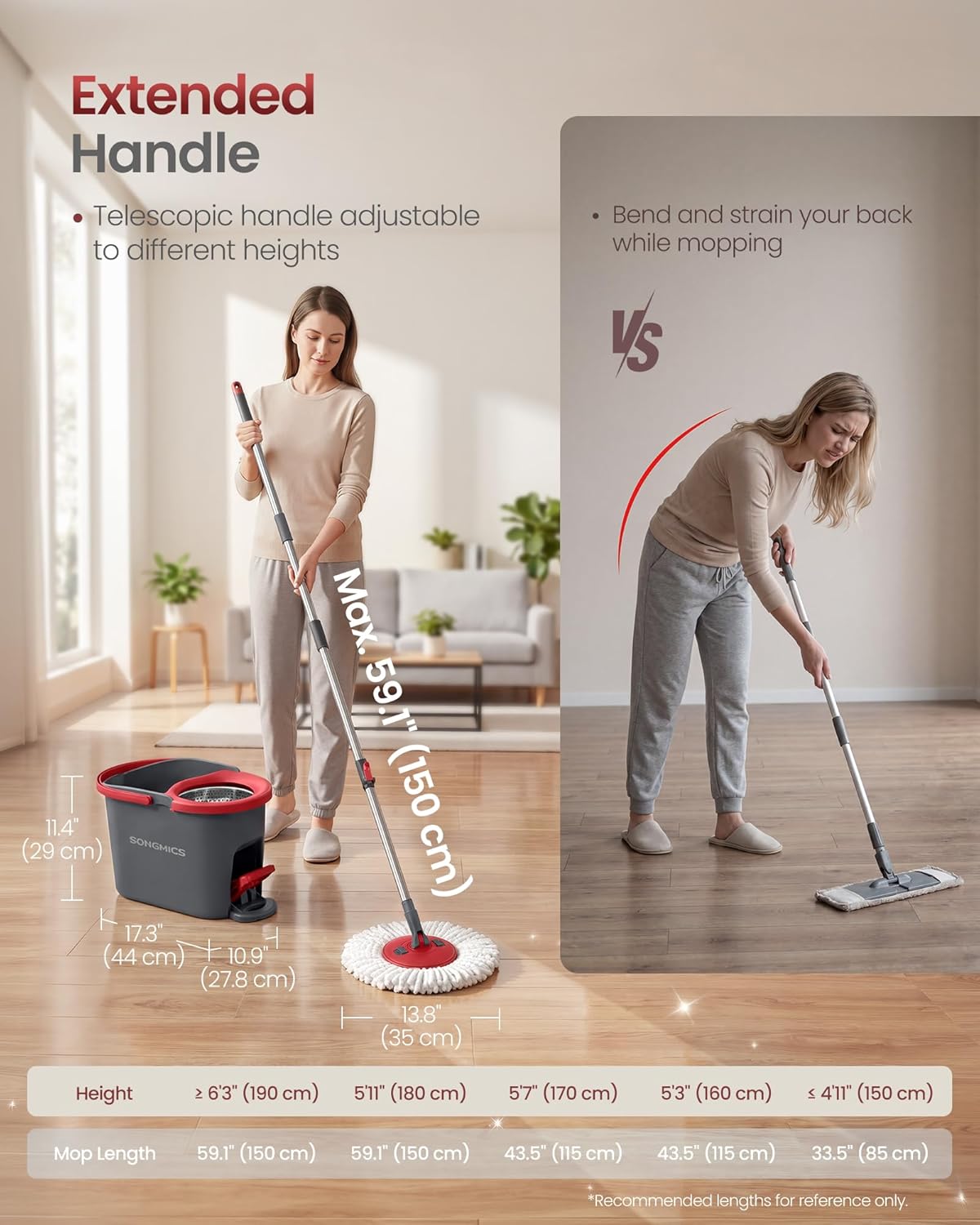 Detalle 2 de SONGMICS Spin Mop Bucket Set with Pedal Wringer (LMB002GT03) – 122.5–150 cm Adjustable Telescopic Handle