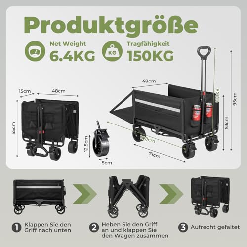 Thumbnail 1 de Homecall Bollerwagen Faltbar 120L+ mit Heckklappe, Regenschutz und Bremse – 150 kg Tragkraft