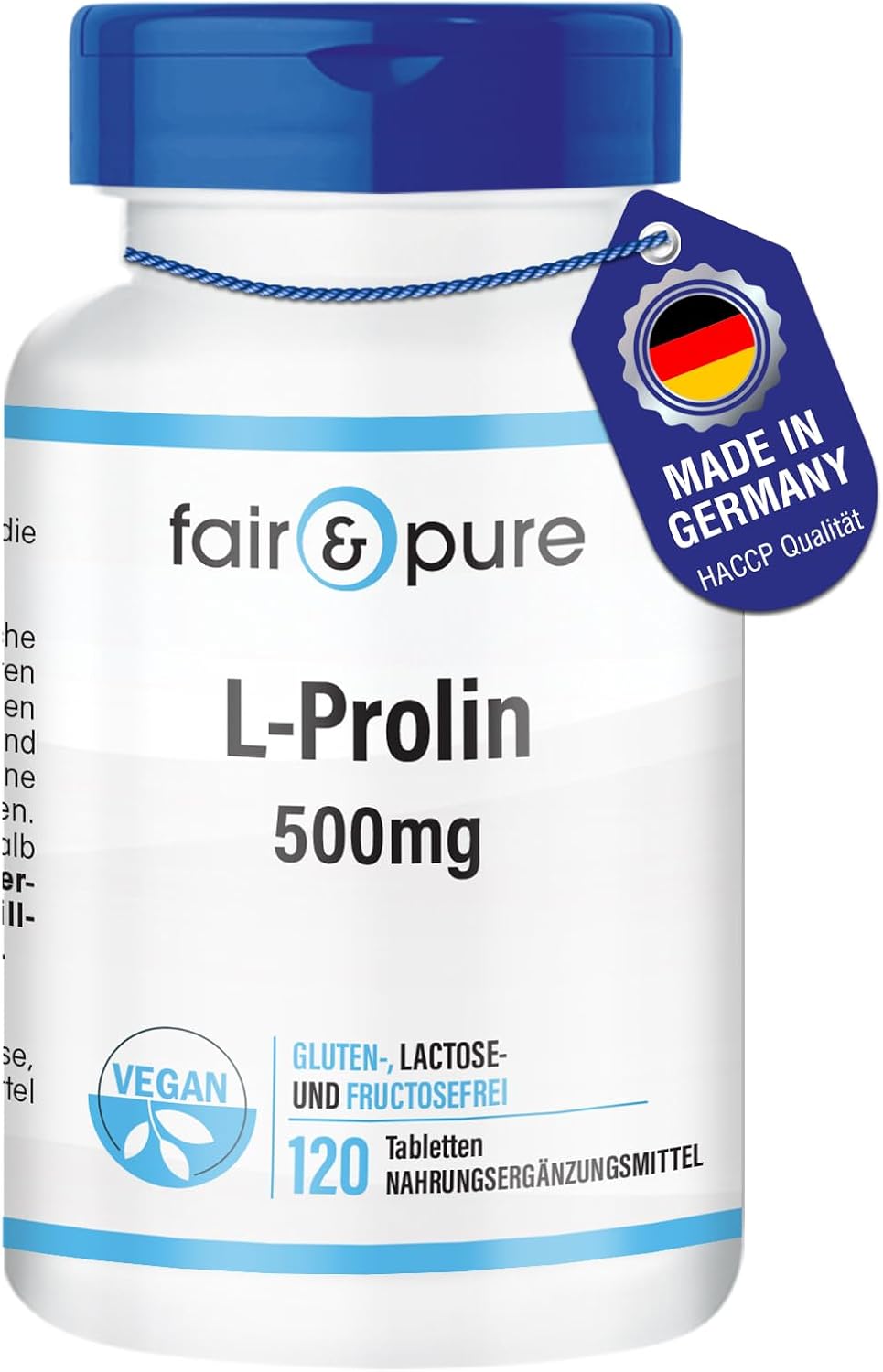 Detalle de Fair & Pure L-Prolin 500 mg – 120 Tabletten, vegan, hochdosiert, hergestellt in Deutschland