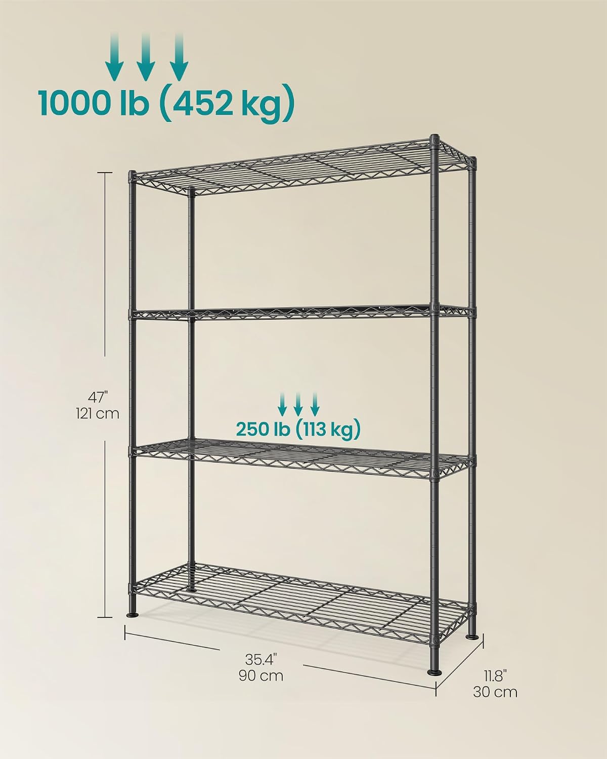 Detalle de SONGMICS Storage Shelf, 4-Tier Metal Garage Shelving Unit, Adjustable Shelves, 30 x 90 x 121 cm, Ink Black (LGR194BH01)