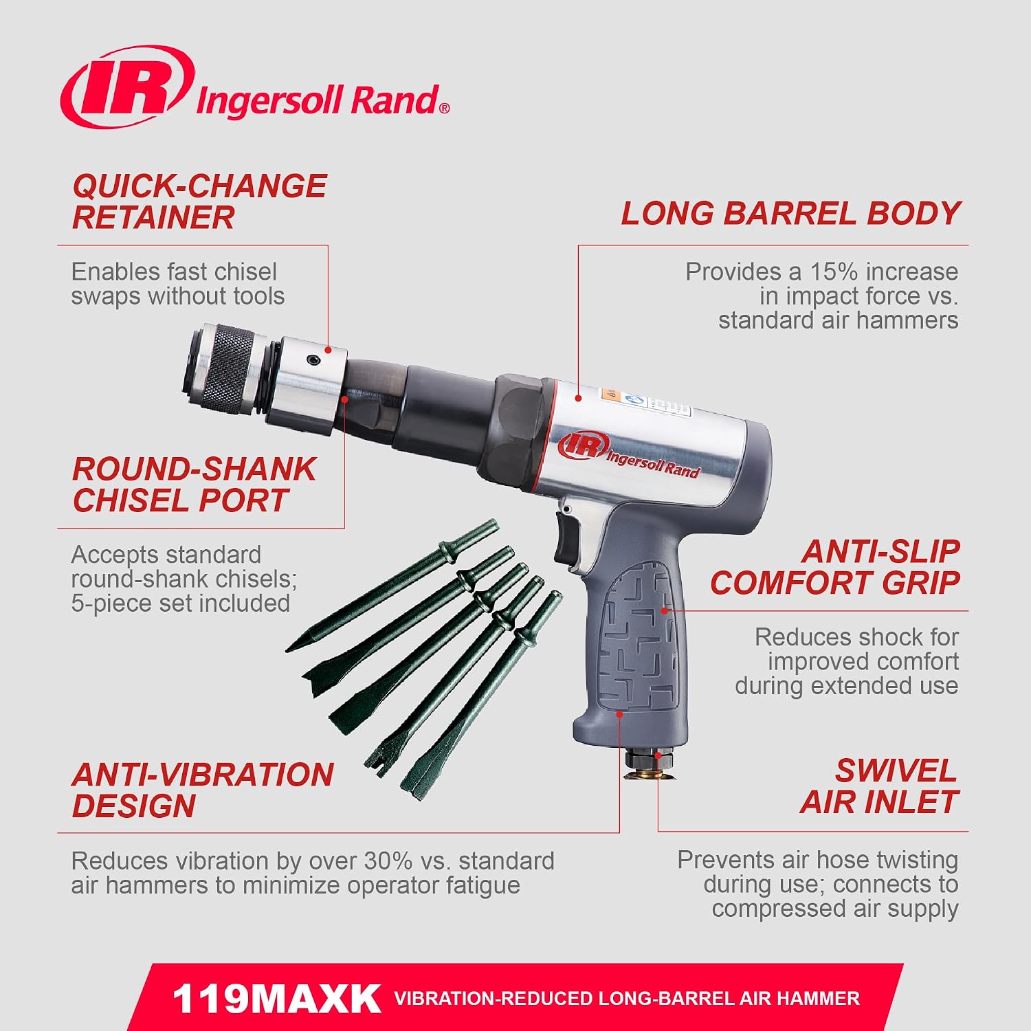 Thumbnail 5 de Ingersoll Rand Kit Martello Pneumatico 119MAXK: Set da 5 scalpelli, cambi rapido e custodia