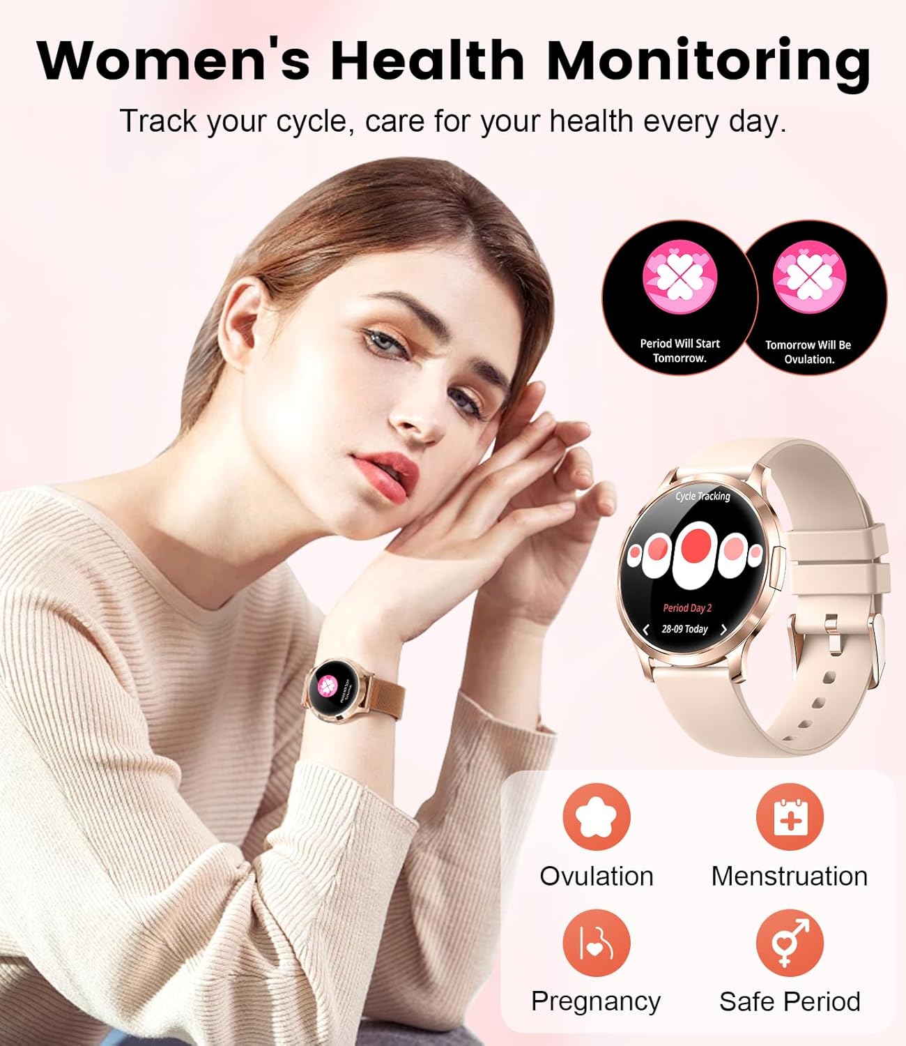 Detalle de HIRREO Smartwatch intelligente da donna AMOLED sottile da 1,32" (7,9 mm) con cinturino in maglia e silicone