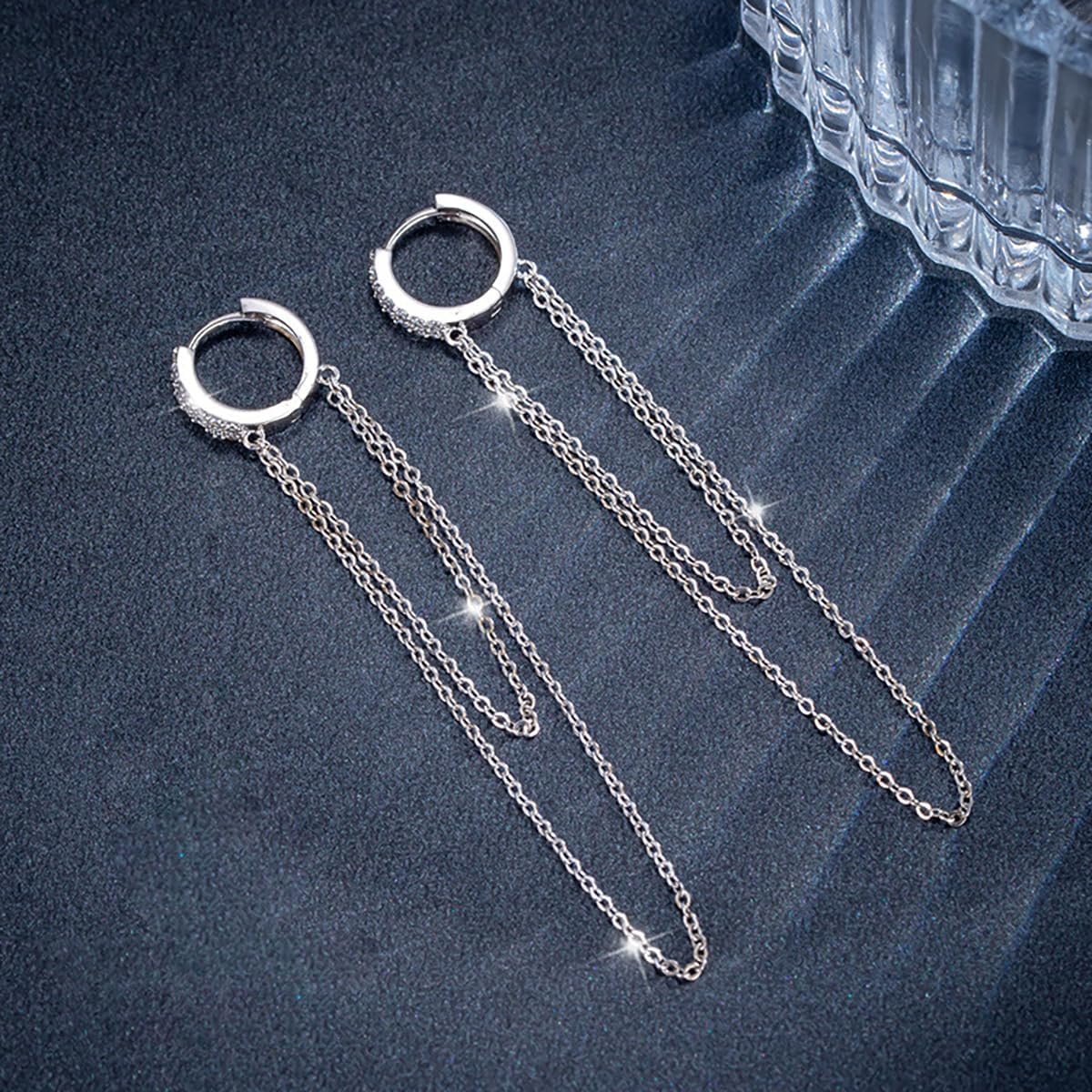 Detalle de SLUYNZ 925 Sterling Silber CZ Creolen Ohrringe mit Quaste-Kette – Damen