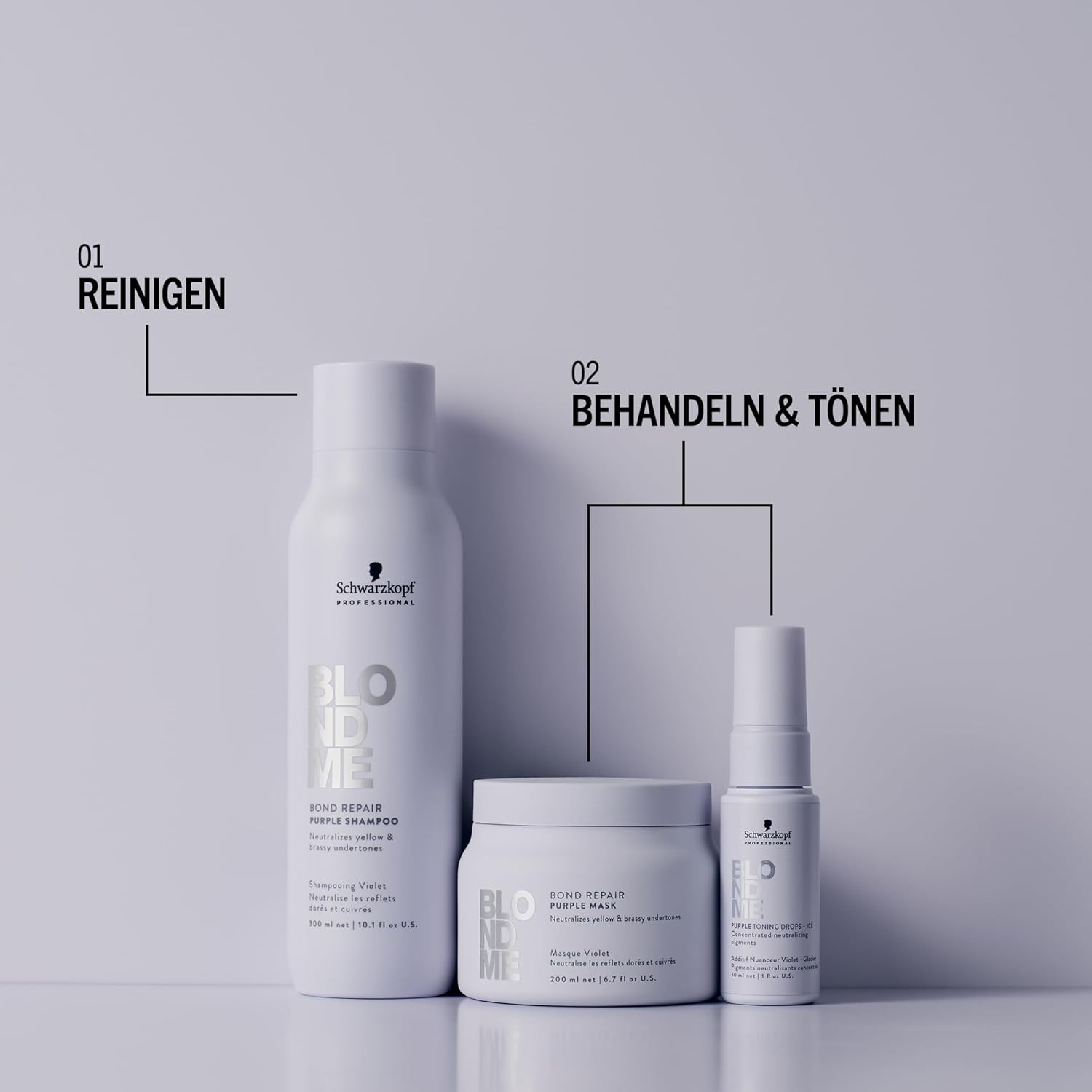 Detalle de BLONDME Bond Repair Purple Mask – Ausgleichende Haarpflege für gefärbtes Blondhaar (200 ml)
