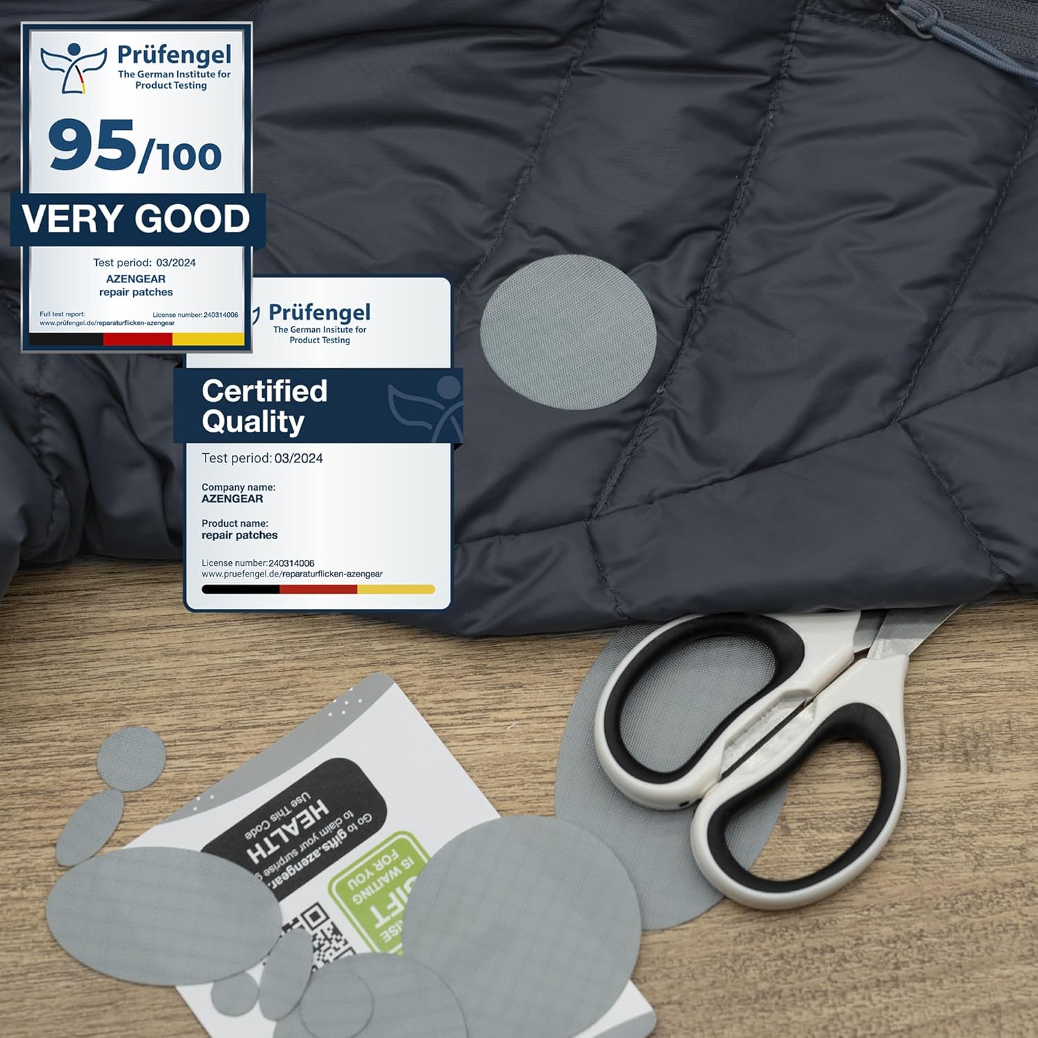 Detalle 2 de aZengear Repair Patches DIY waterproof patch kit (11 pcs, 30+ colours) for down jackets, tents and more