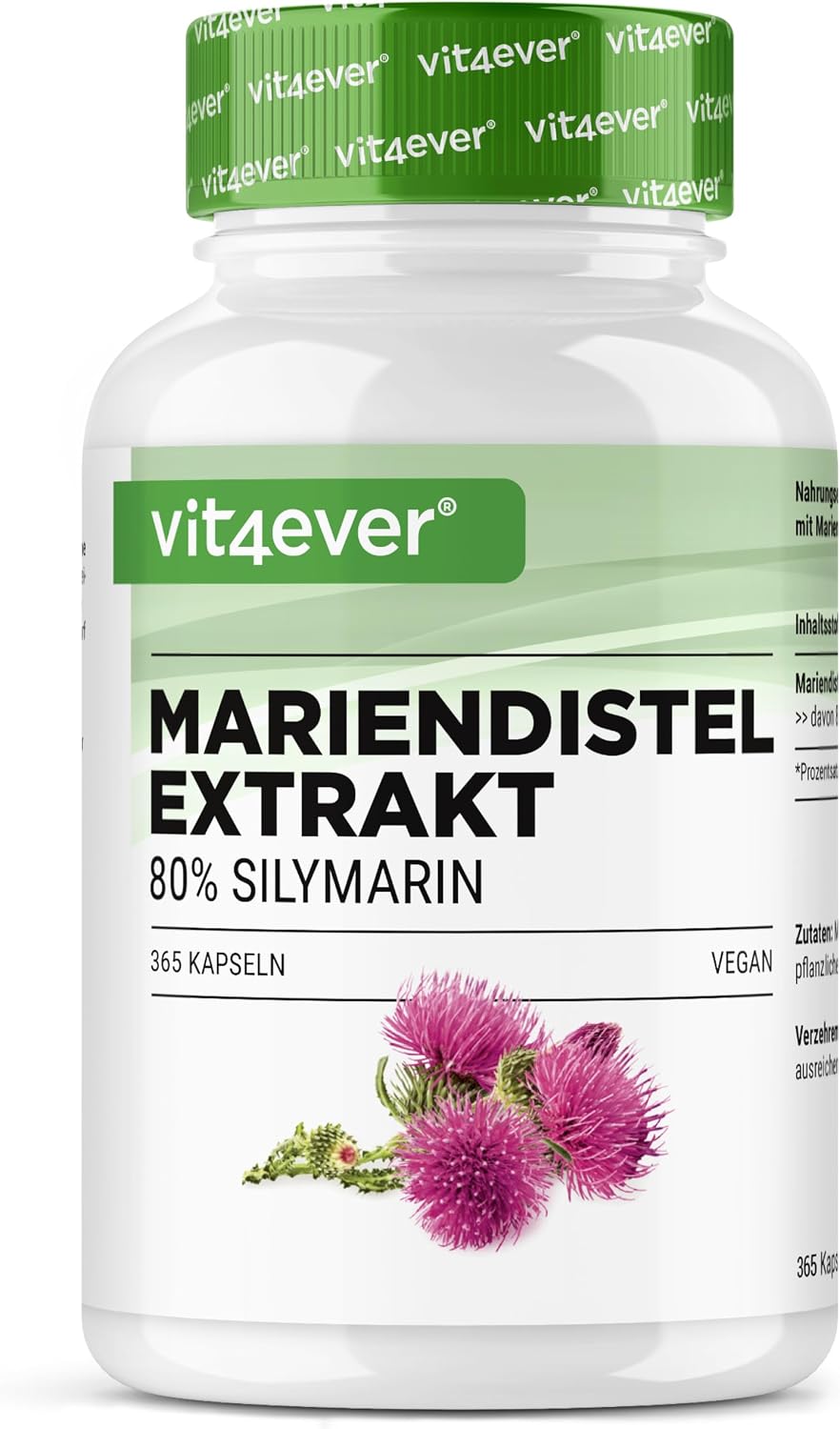 Detalle de Vit4ever Mariendistel Extrakt 365 Kapseln – 500 mg pro Kapsel, 80% Silimarin, vegan, 12 Monate Vorrat