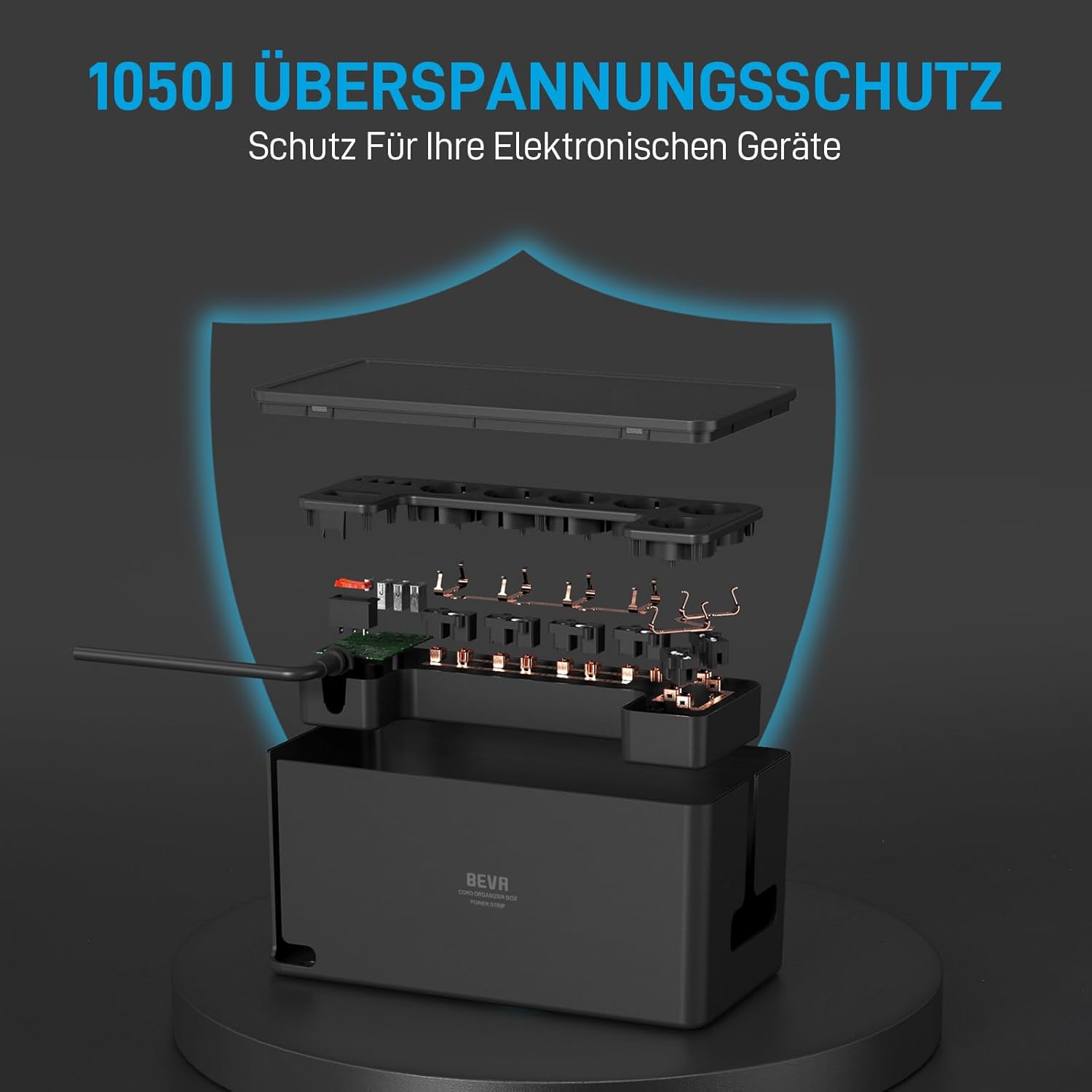Thumbnail 5 de Kabelbox mit versteckter Steckdosenleiste 3680W/16A + 1050J Überspannungsschutz, 2m Kabel, 6 Steckdosen + 3 USB-A + 1 USB-C (15W) – BEVA