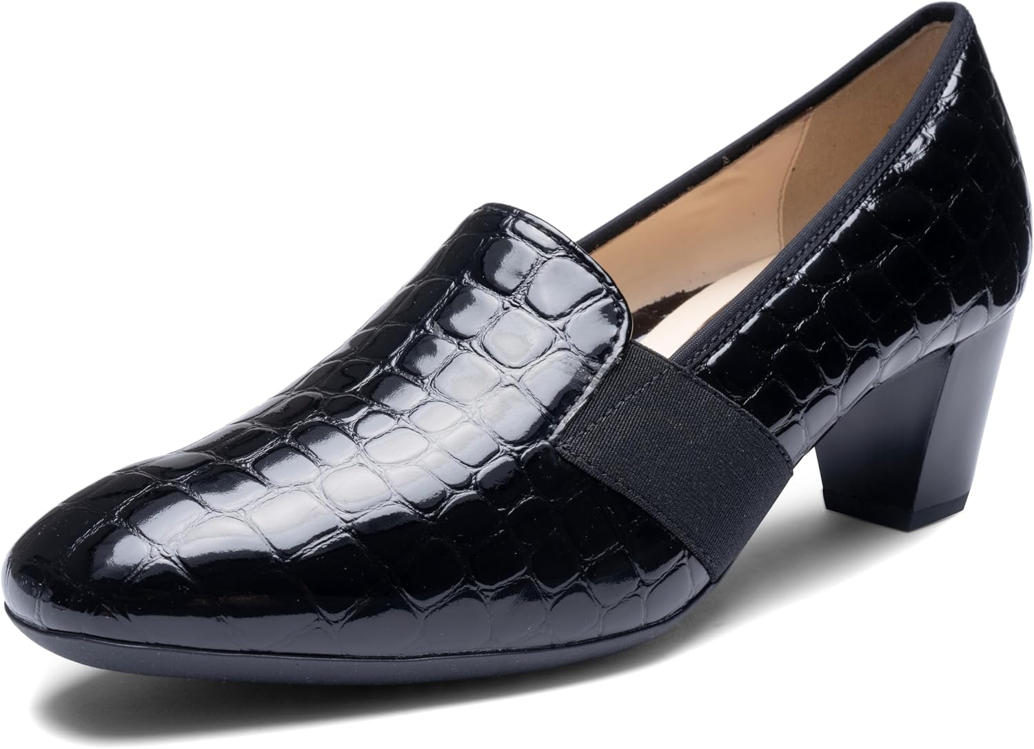 ara Verona – czarne lakierowane czółenka damskie, szeroka tęgość, obcas 4,5 cm