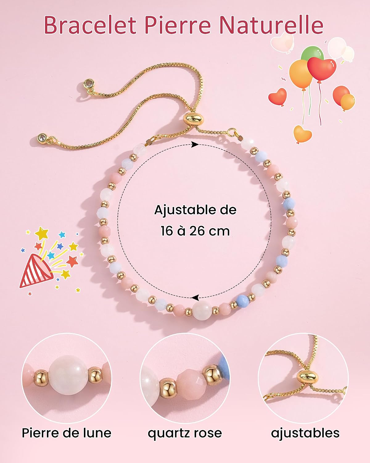 Detalle de Seyaa Bracelet Pierre Naturelle – Cadeau Anniversaire Fille 8–12 ans (Pierre de Lune)