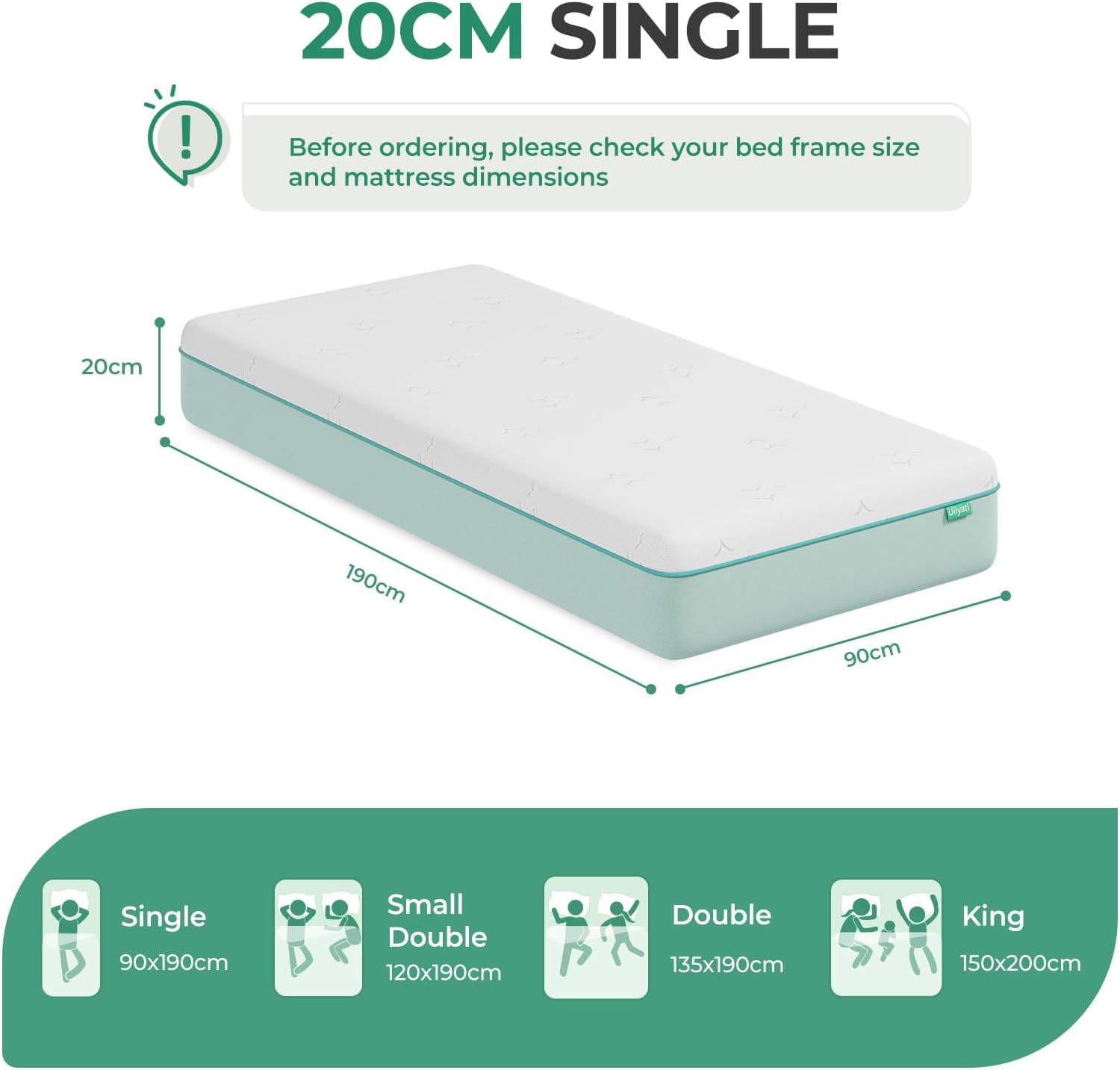 Thumbnail 1 de Uliyati Single Mattress with Gel & Bamboo Charcoal Foam (90x190x20cm) – Medium Firmness