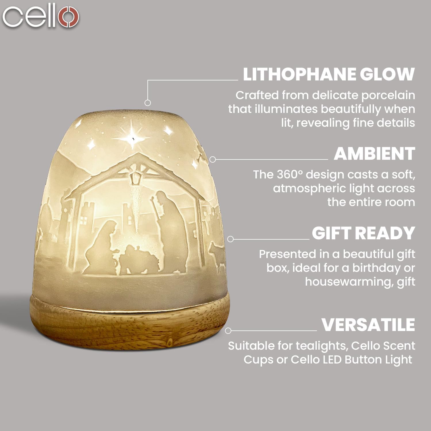 Thumbnail 2 de Cello Porcelain Tall Tealight Holder Dome with 3D nativity projection