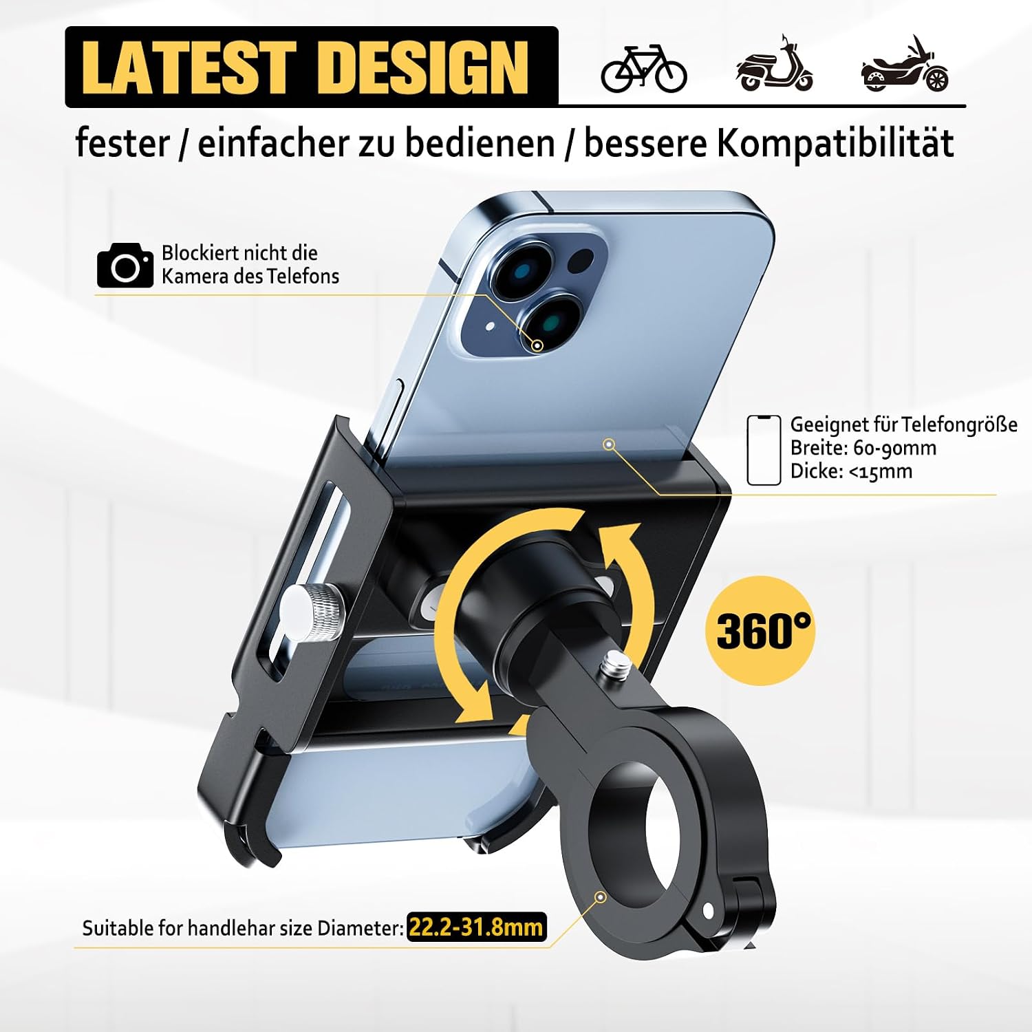 Detalle de DN DENNOV Porta Cellulare Bici: supporto in alluminio con rotazione a 360° e fissaggio universale 60–100 mm