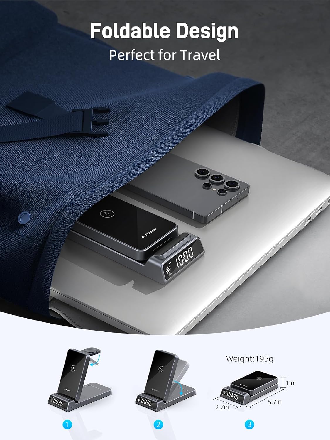 Thumbnail 3 de Drahtloses 3-in-1 Ladegerät für Samsung Ladestation mit Uhr (faltbar, grau) für Galaxy S25 Ultra/S24, Watch 8–5 Pro & Galaxy Buds
