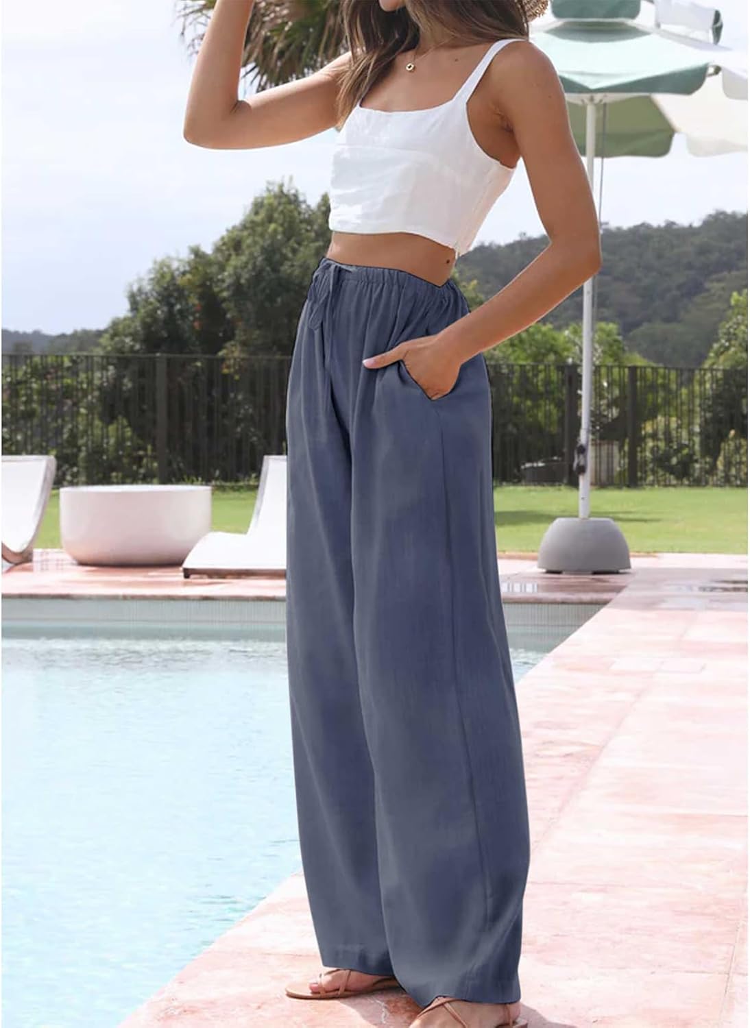 Thumbnail 4 de Duyang Women's Cotton Linen Palazzo Pants with Pockets: Lightweight Summer Wide-Leg Comfort