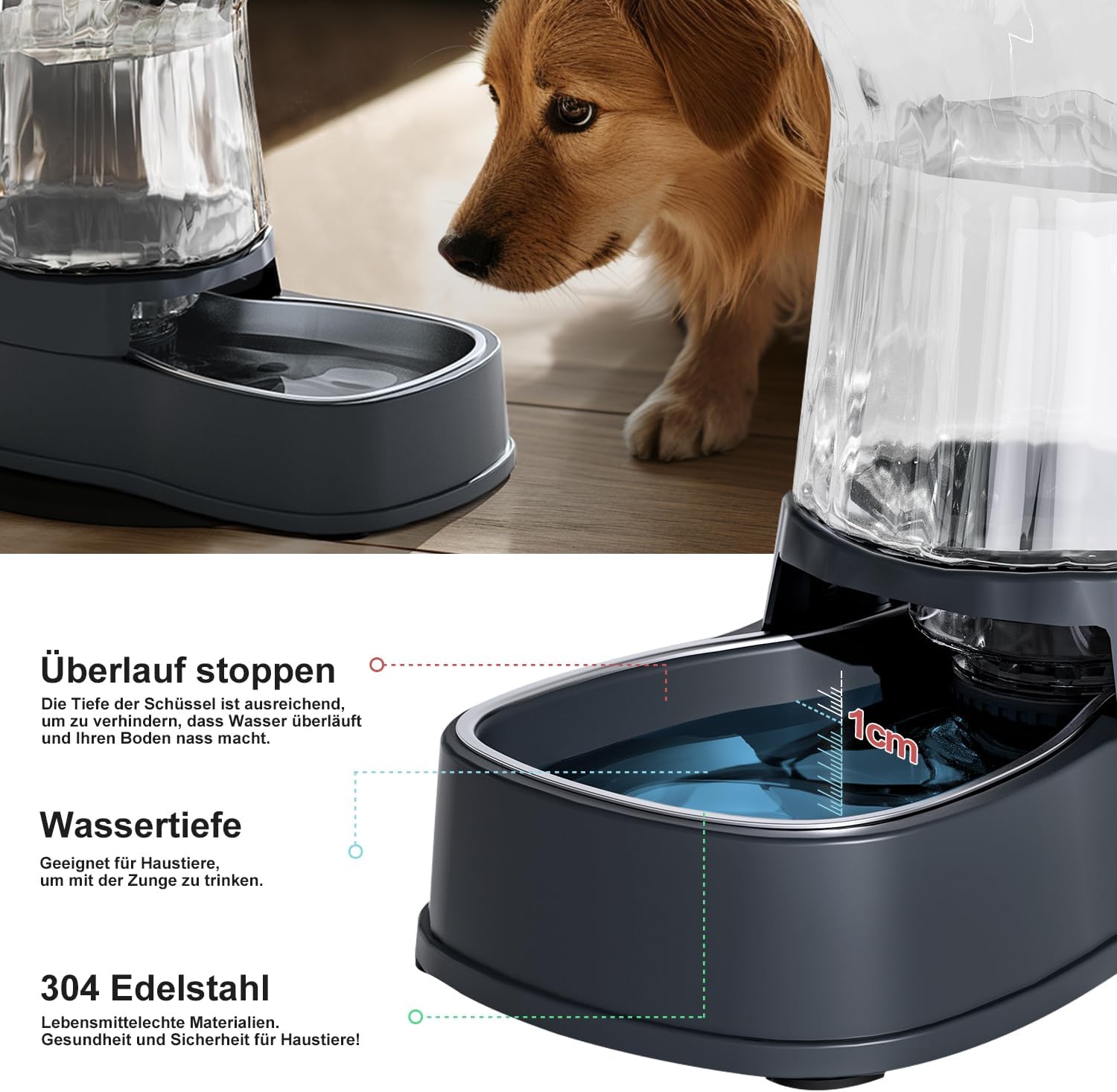 Detalle de Gardner Pet Futter- und Wasserspender Satz: Edelstahl-Näpfe, 3,85 L Wasser, 1,8 kg Futter, BPA-frei