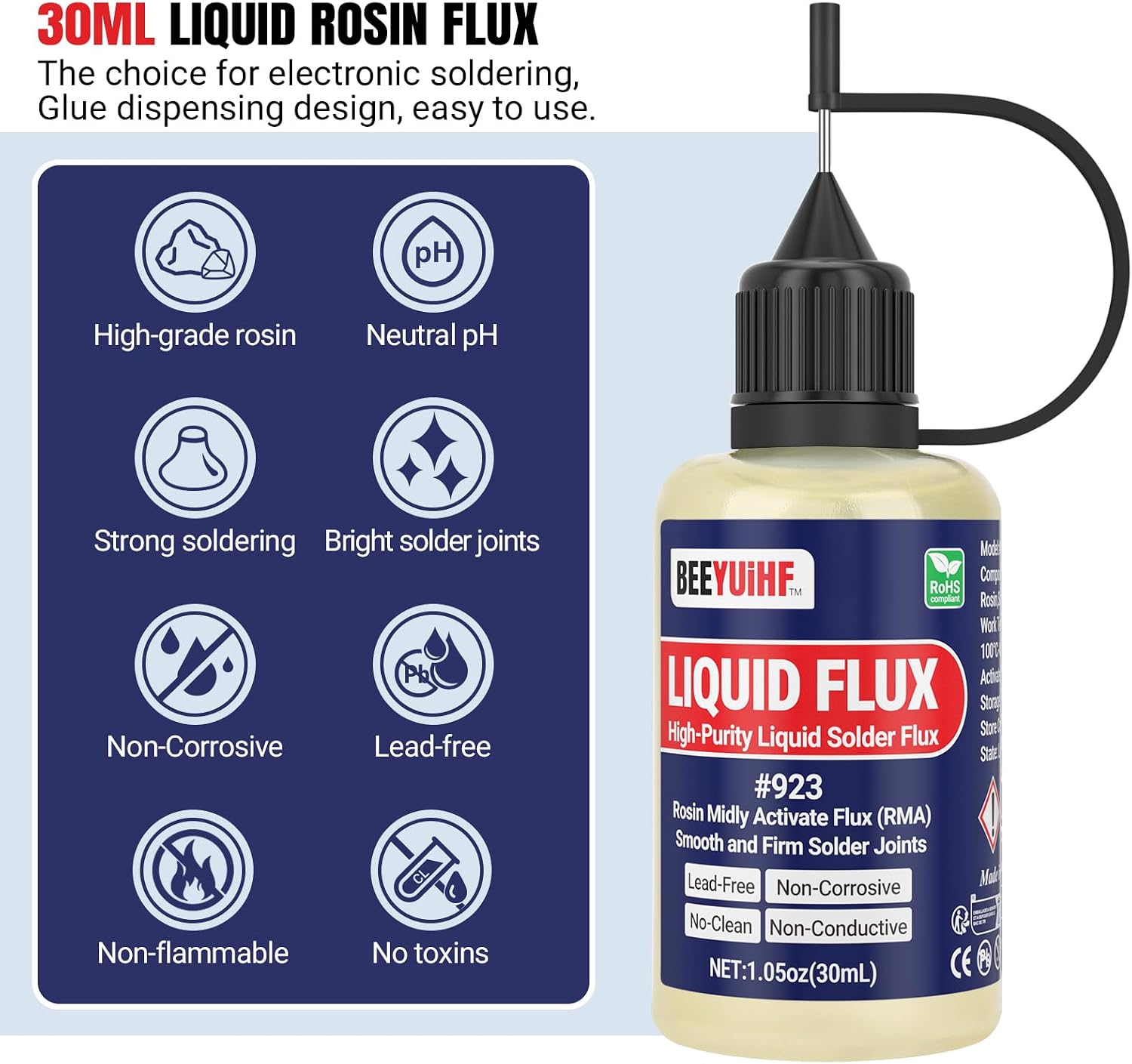 Detalle de BEEYUIHF Liquid Solder Flux Dropper (30 mL) — Non-Corrosive, Lead-Free Rosin Flux for Electronics