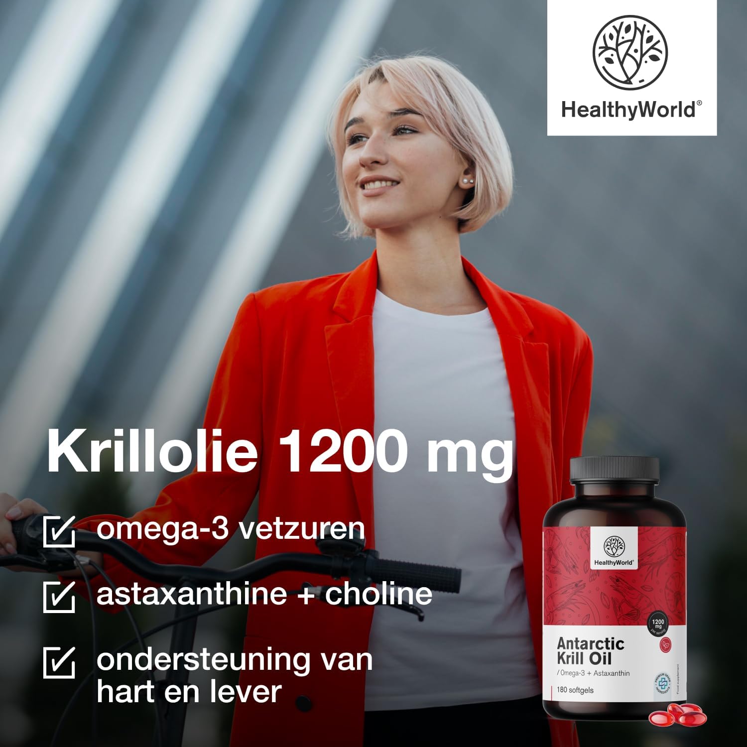 Detalle 1 de HealthyWorld Krillolie 1200 mg met omega 3, astaxanthine en 180 capsules