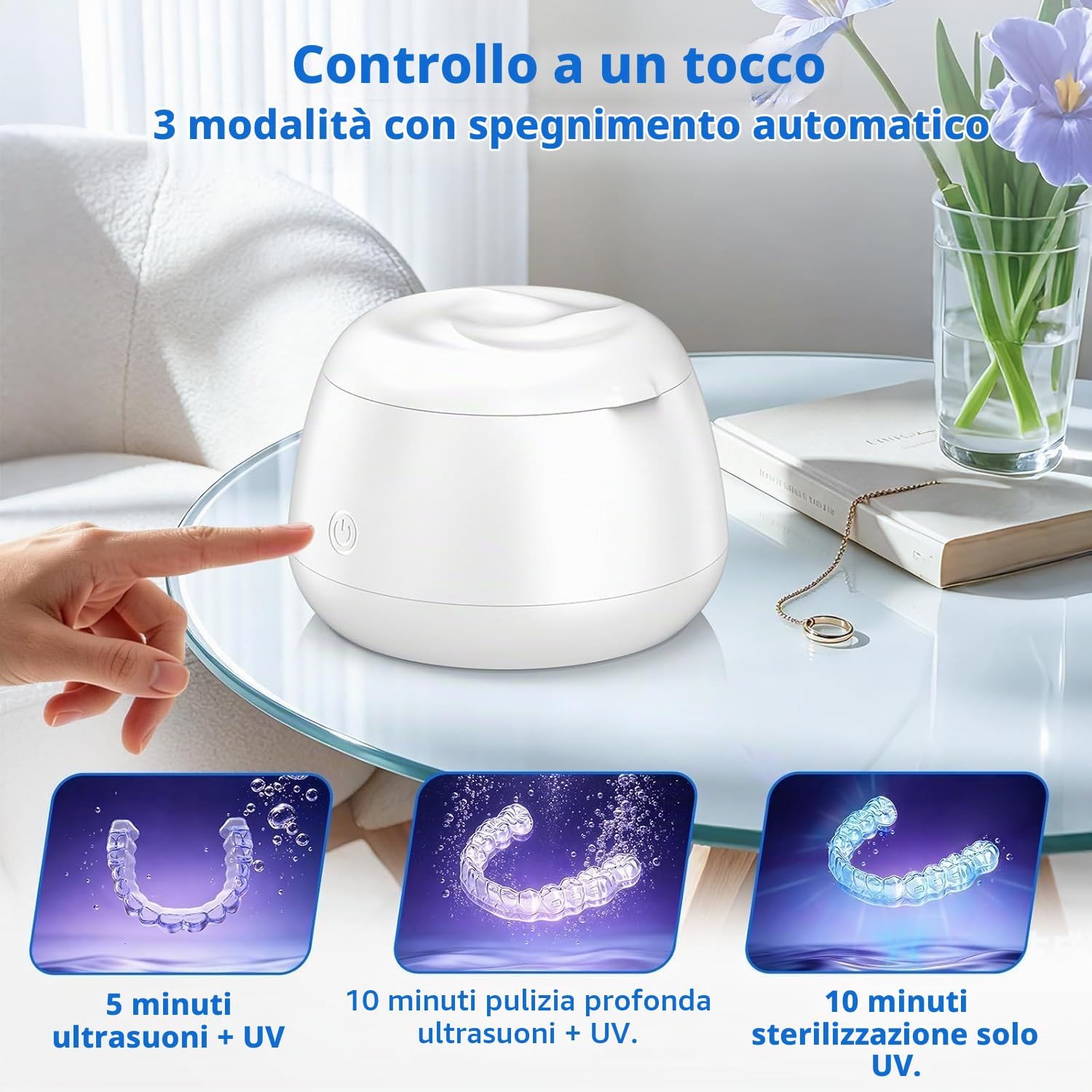 Detalle de TQQ Pulitore ultrasuoni 48000 Hz per protesi dentali e accessori: pulizia profonda e igiene UV