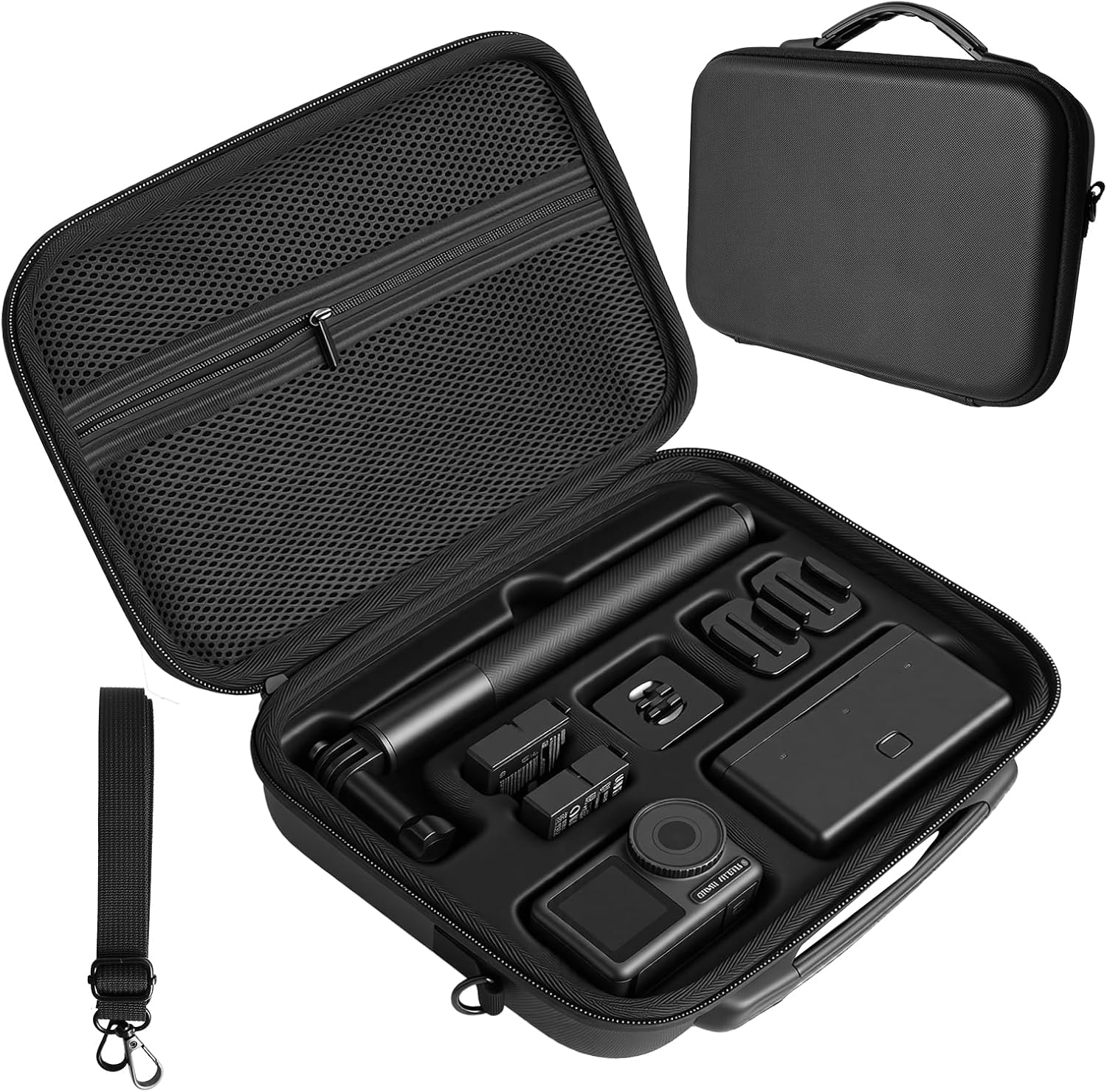 Detalle de INQUIRLLY ST-08006 draagtas voor DJI Osmo Action 6, zwart PU-leer met schouderriem